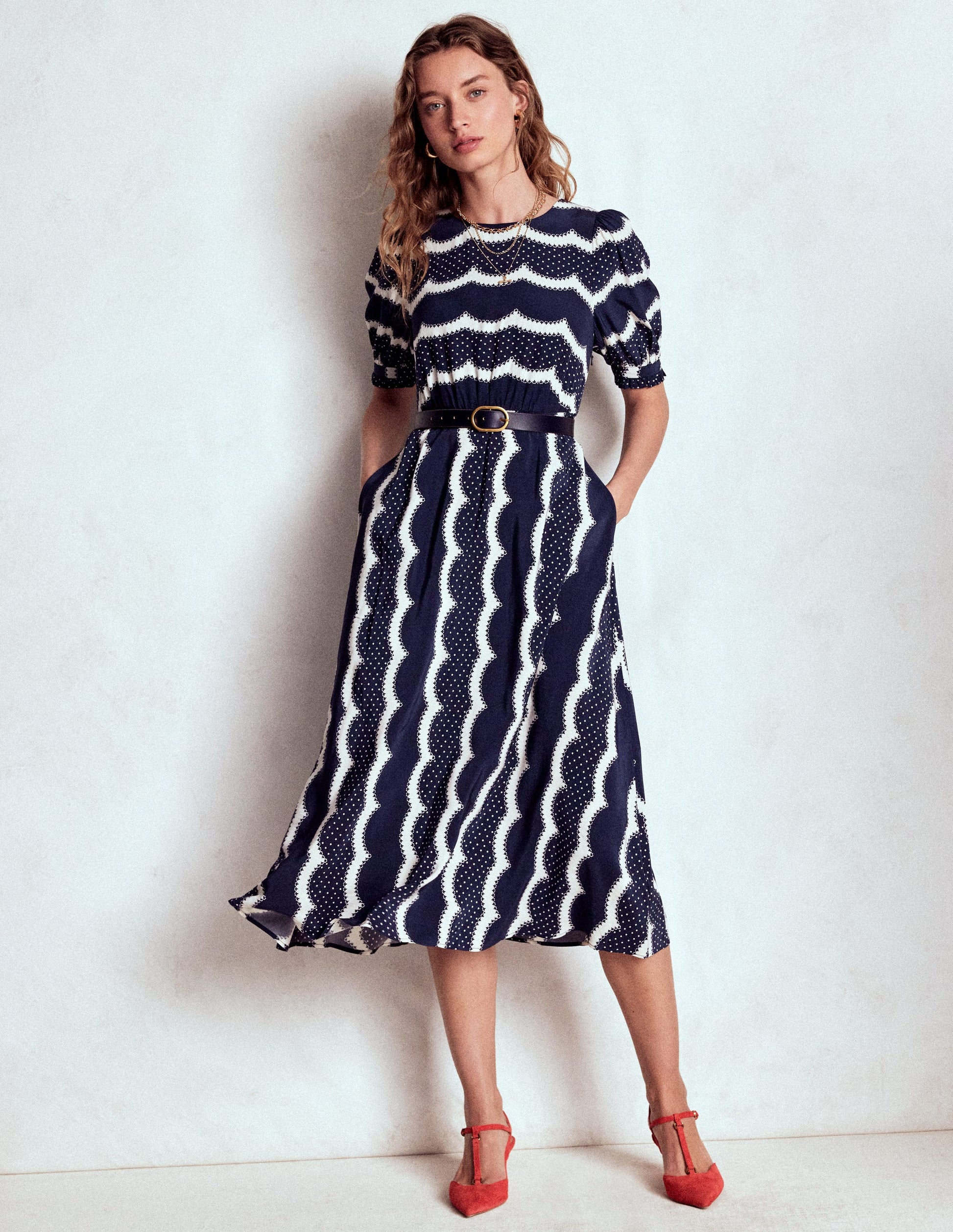 Blanca Midi Tea Dress-French Navy, Dainty Scallop-4