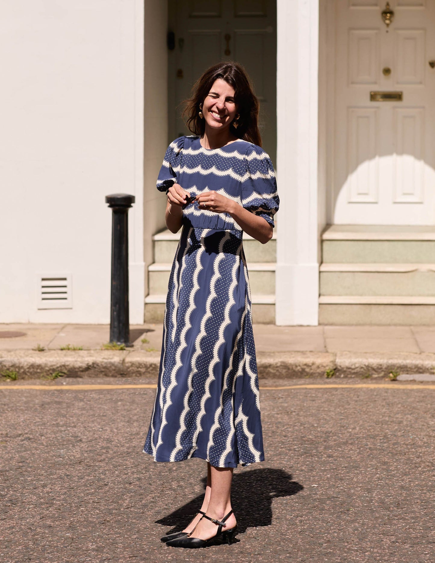 Blanca Midi Tea Dress-French Navy, Dainty Scallop