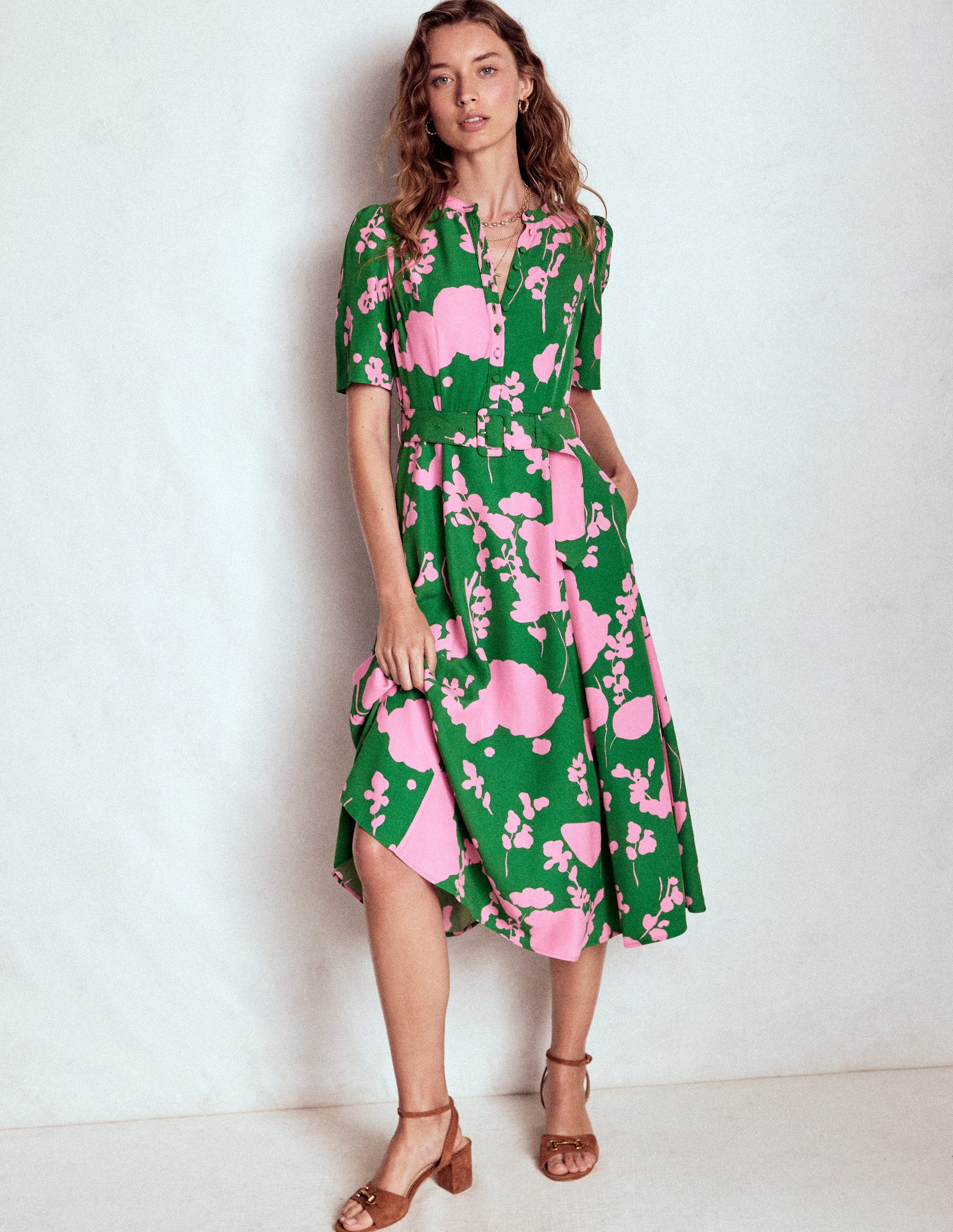 Kate Puff Sleeve Belted Dress-Highland Green, Dainty Sprigs-1