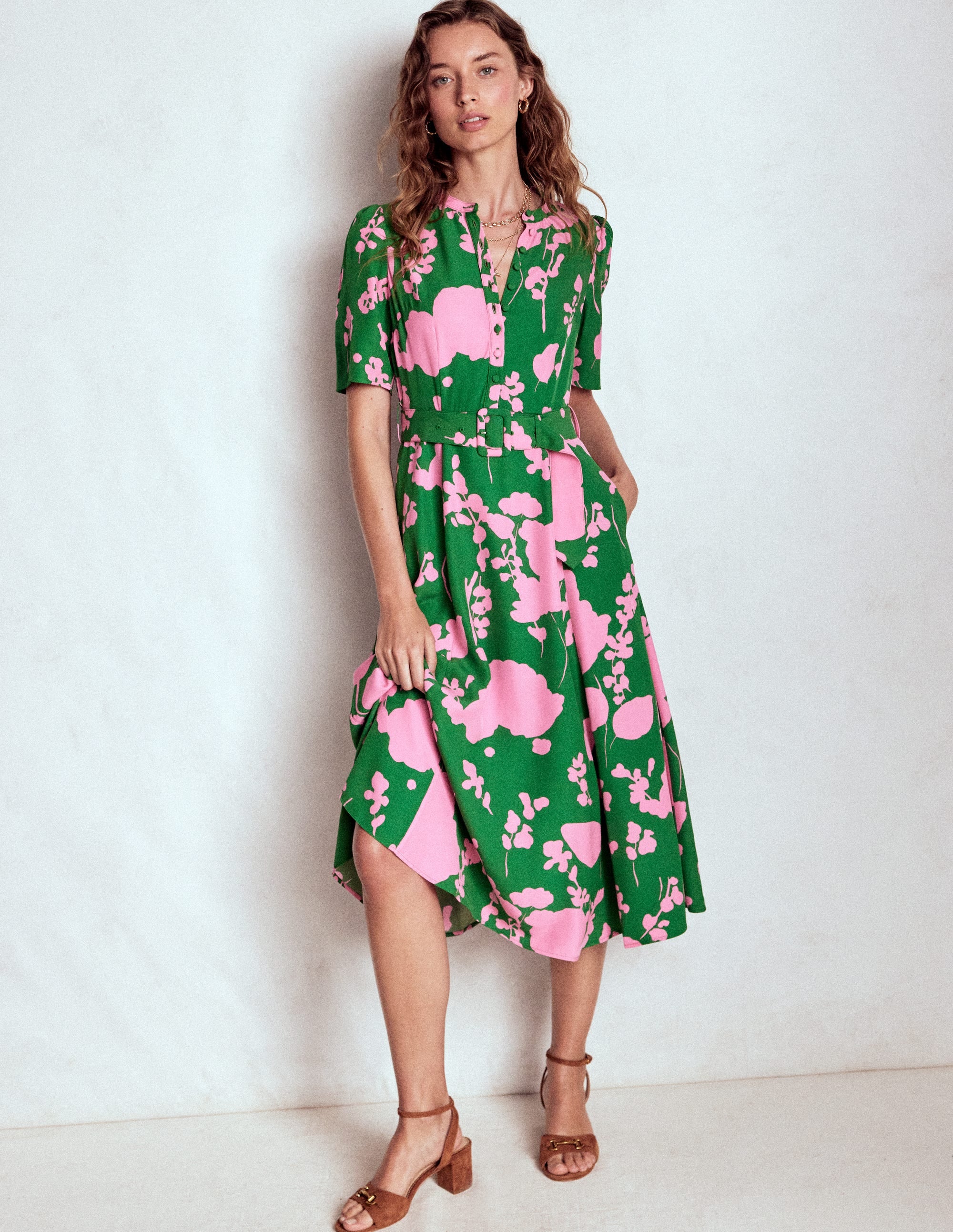 Kate Puff Sleeve Belted Dress-Highland Green, Dainty Sprigs - Image 1