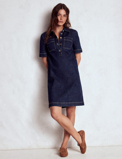 Zia Denim Pocket Shift Dress-Dark Indigo-3
