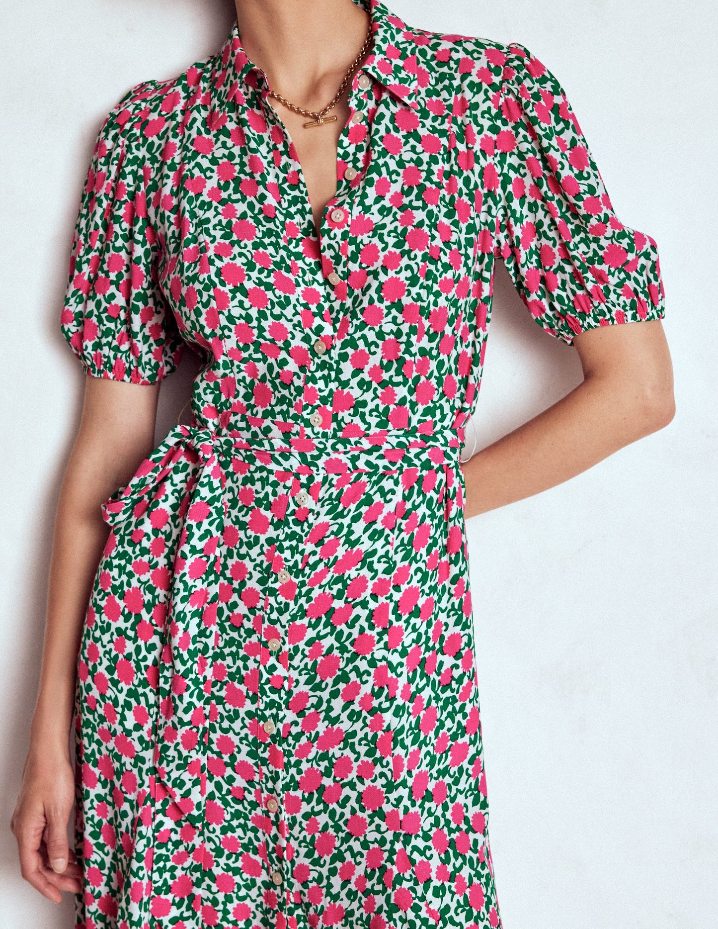 Alegra Midi Shirt Dress-Pink Ribbon, Floweret Vine