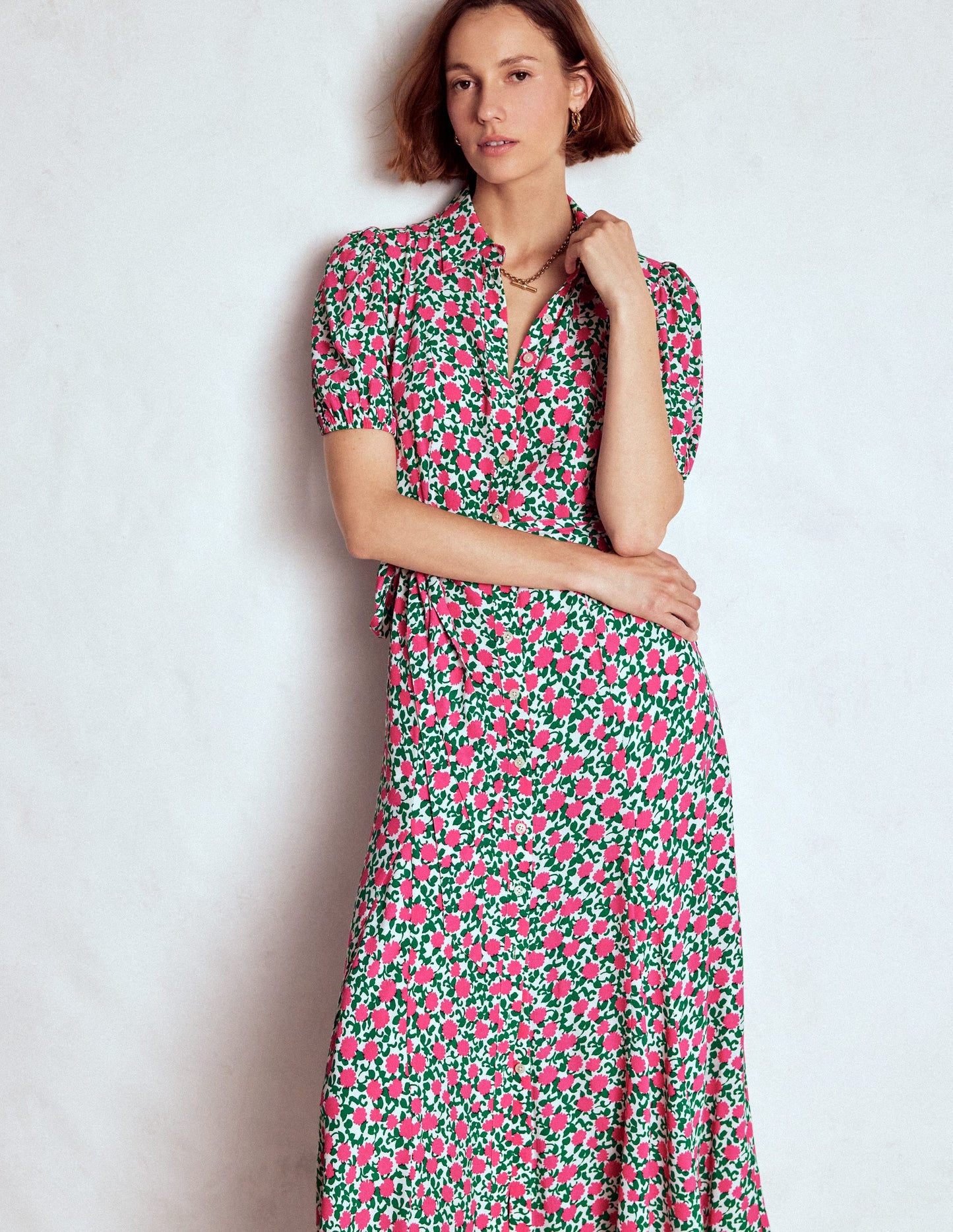 Alegra Midi Shirt Dress-Pink Ribbon, Floweret Vine