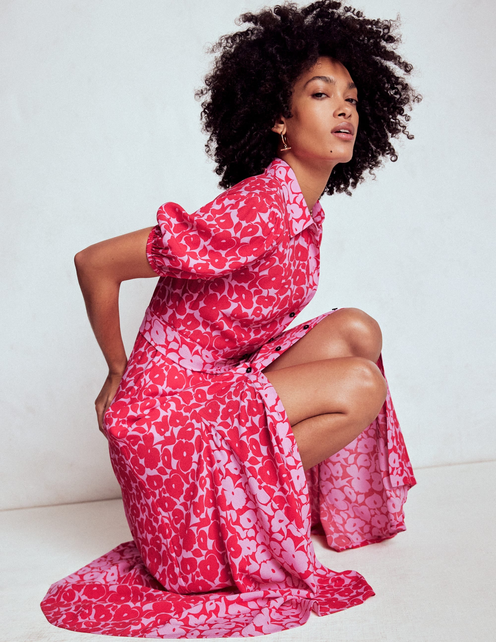 Alegra Midi Shirt Dress-Jewel Red, Leafy Grove - Image 1