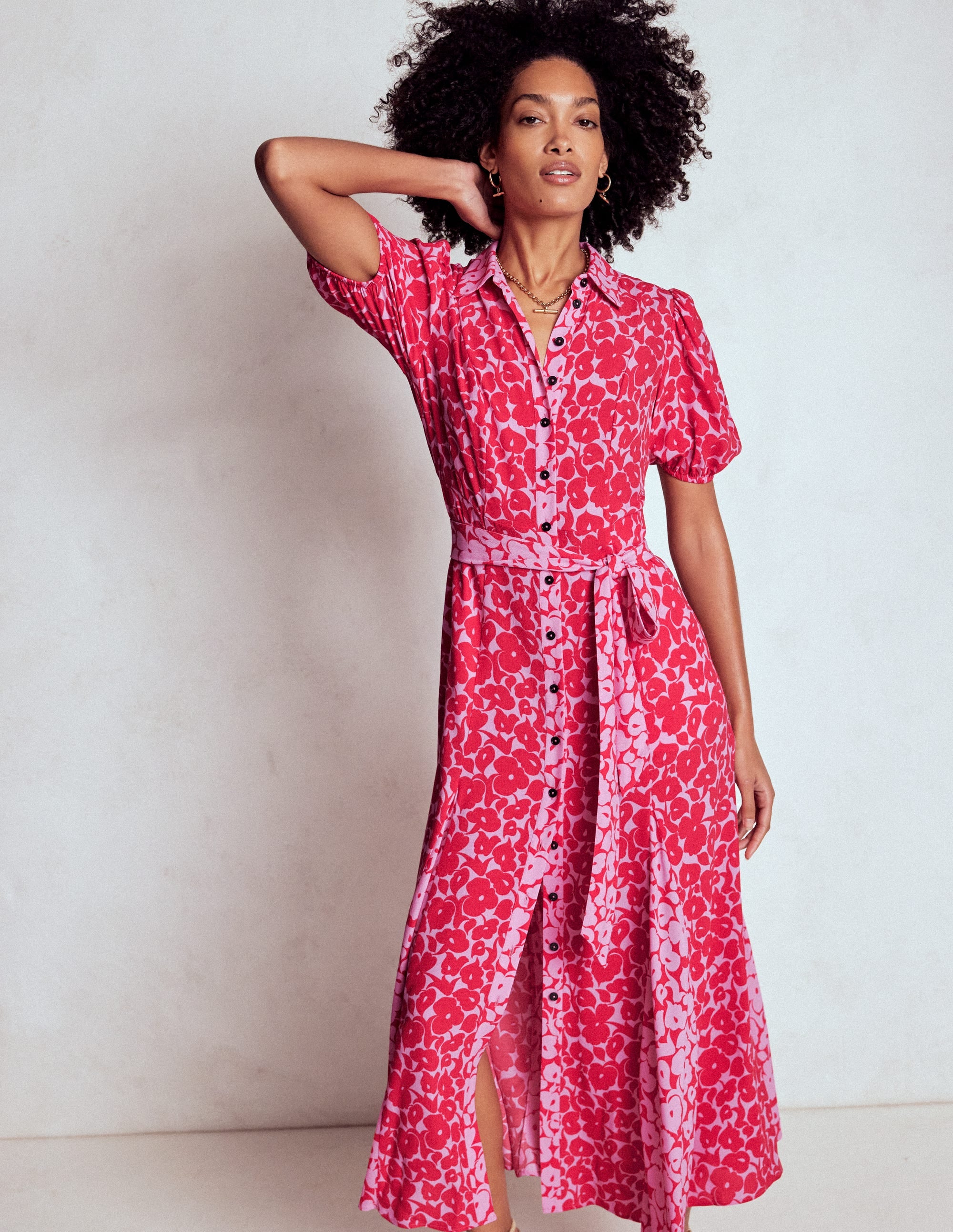 Alegra Midi Shirt Dress-Jewel Red, Leafy Grove - Image 3