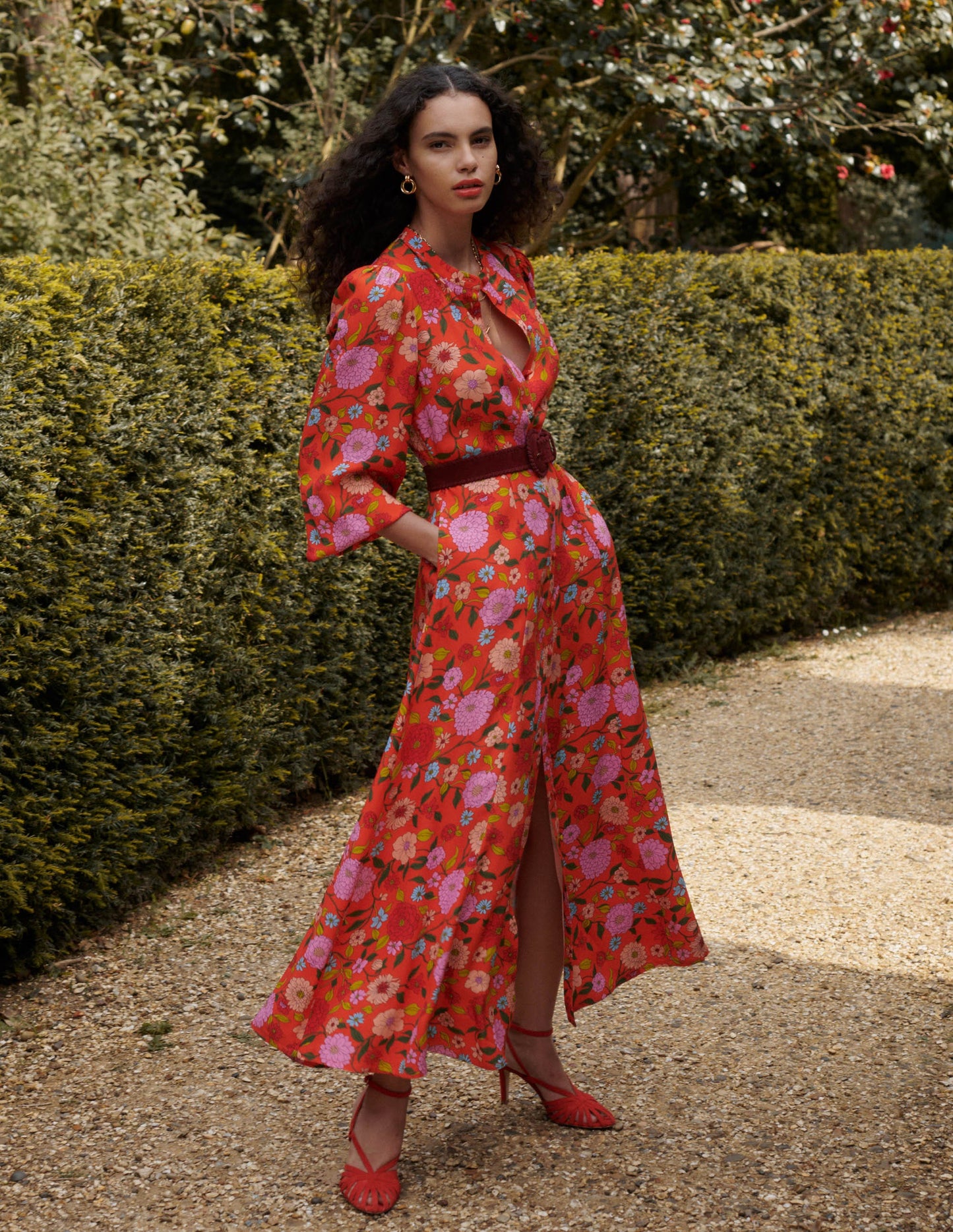 Mae Occasion Maxi Shirt Dress-Firecracker Red, Dahlia Trail