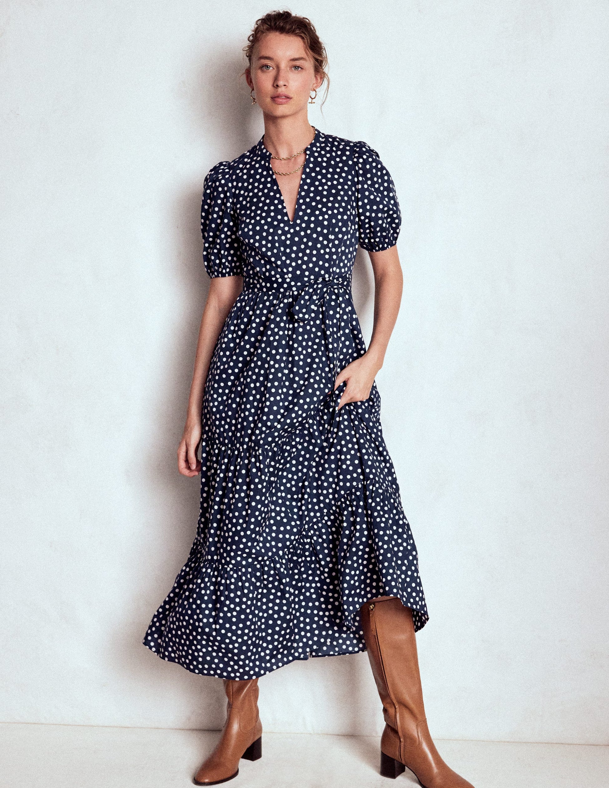 Christabel Cotton Midi Dress-French Navy, Painted Dot-1