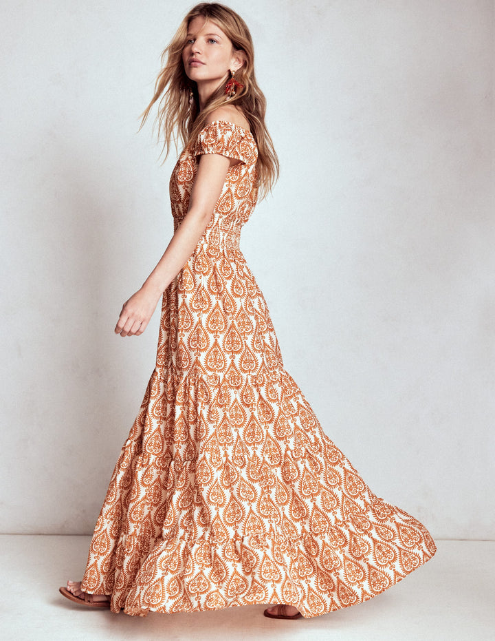 Scoop Cotton Tiered Dress-Cognac, Ornate Geo