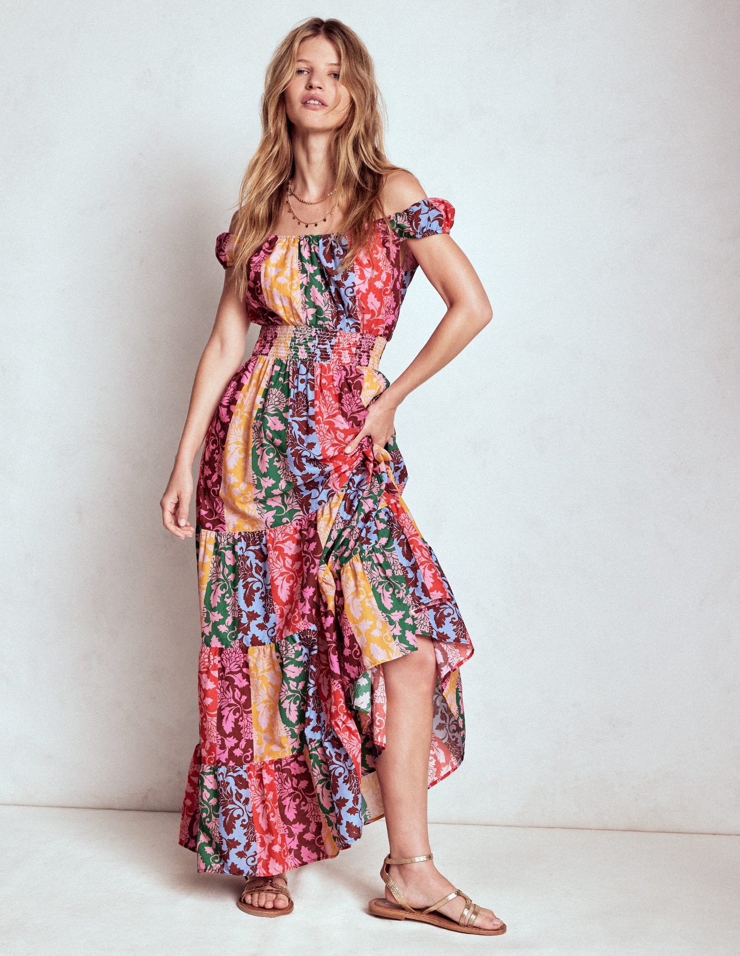 Scoop Cotton Tiered Dress-Multi, Ornate Vine