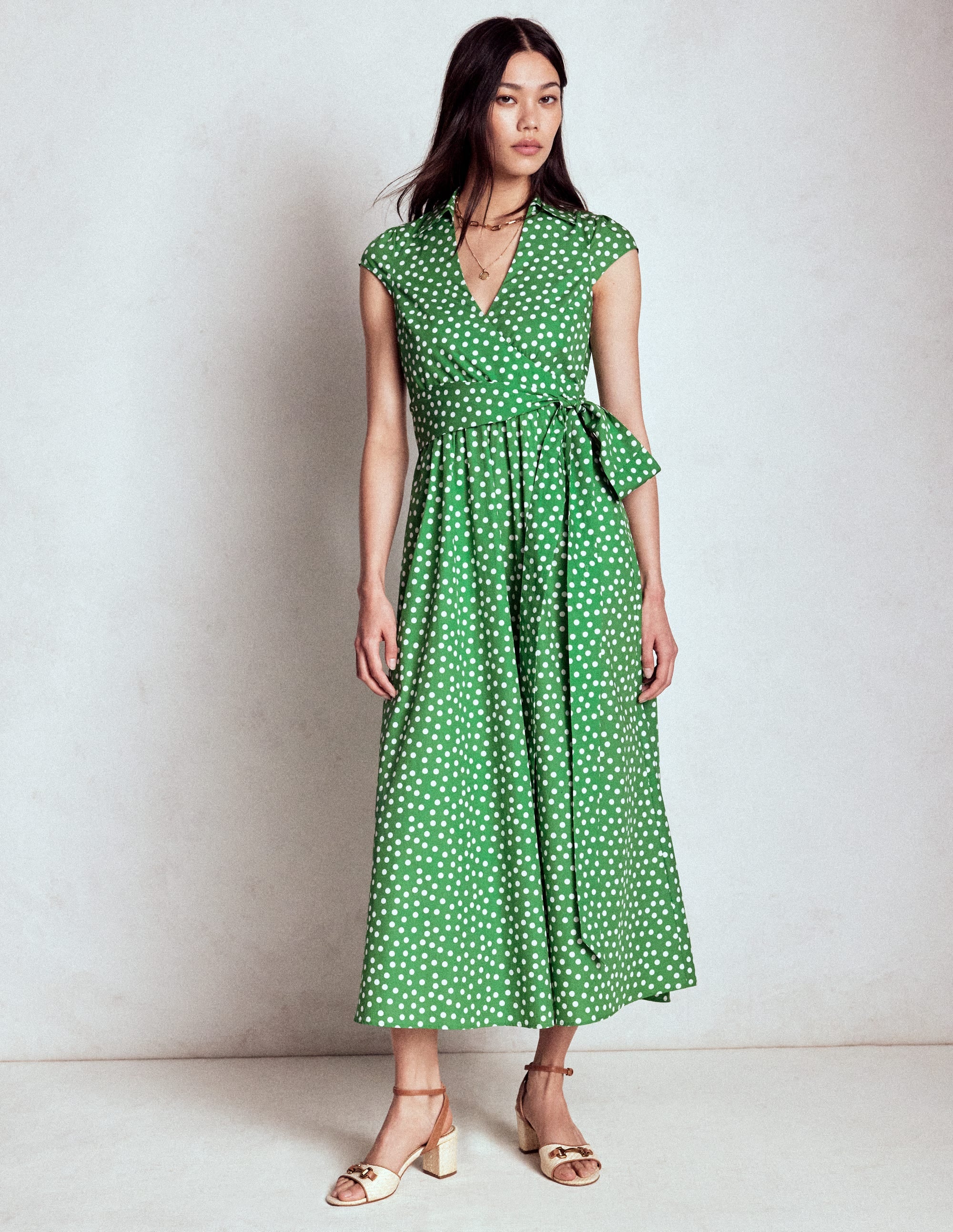 Julia Cotton Wrap Midi Dress-Highland Green, Painted Dot - Image 1