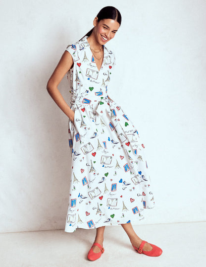Julia Cotton Wrap Midi Dress-Ivory, Postcard From Paris-1