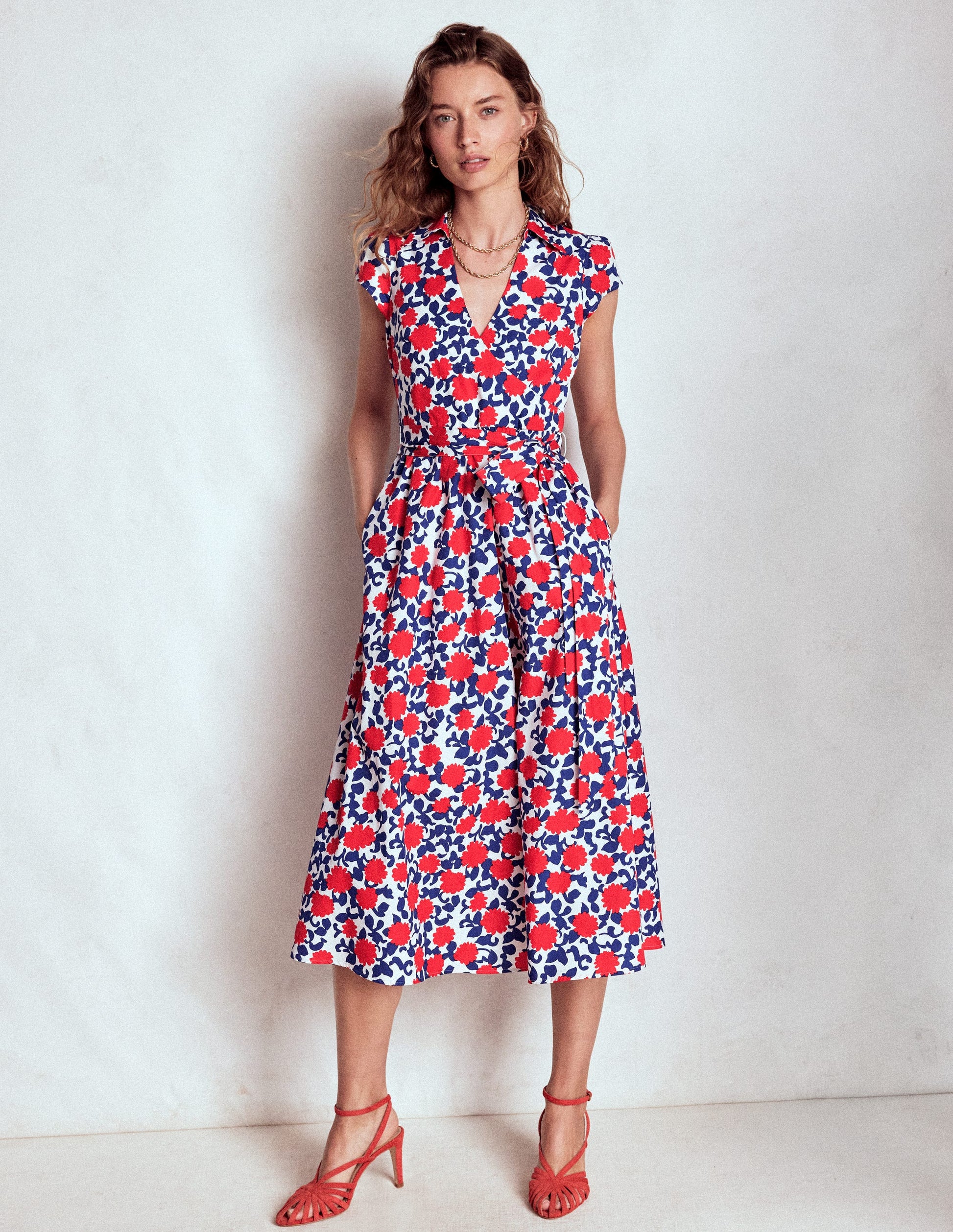 Julia Cotton Wrap Midi Dress-Poppy Red, Floweret Vine-4