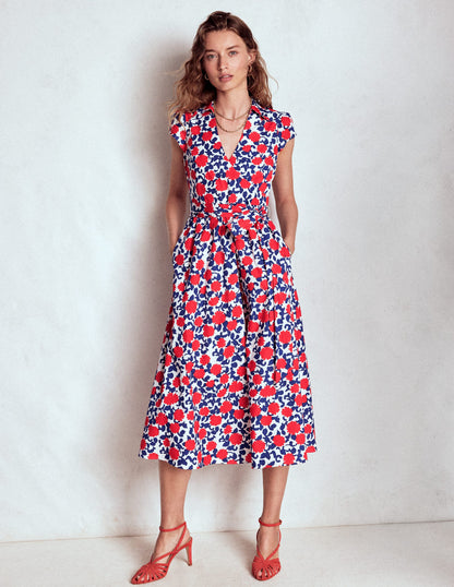 Julia Cotton Wrap Midi Dress-Poppy Red, Floweret Vine-4