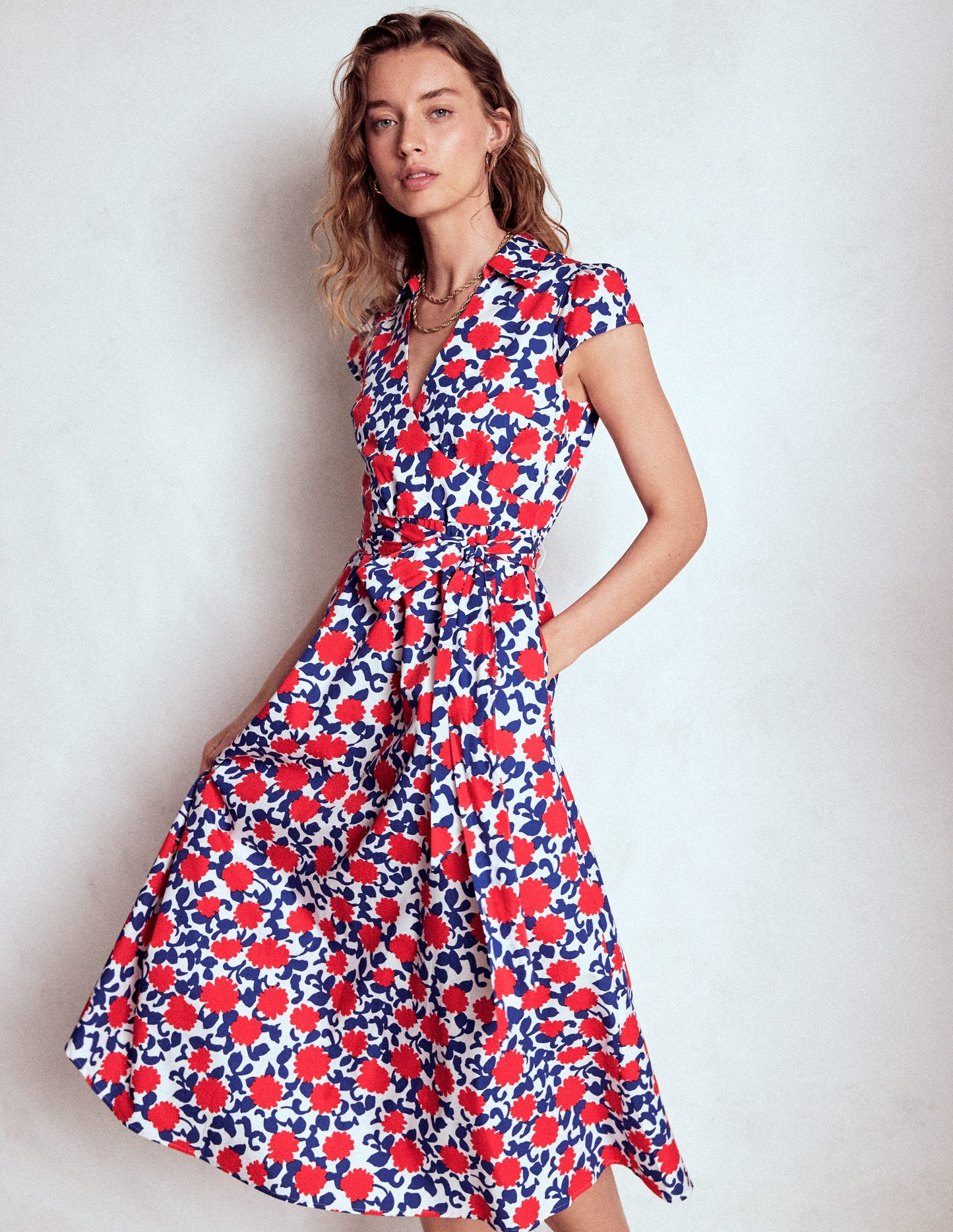 Julia Cotton Wrap Midi Dress-Poppy Red, Floweret Vine