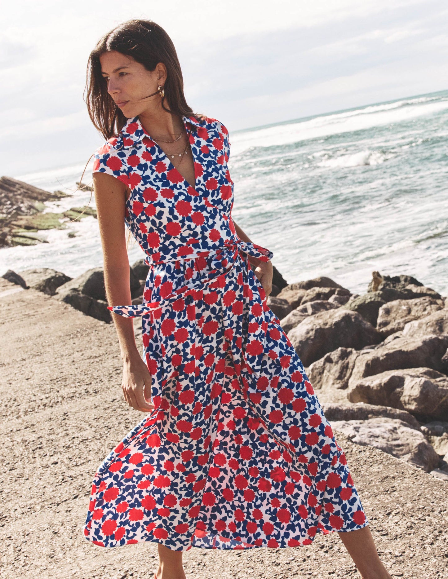 Julia Cotton Wrap Midi Dress-Poppy Red, Floweret Vine