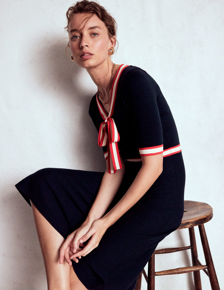Tipped Bow Dress-Navy