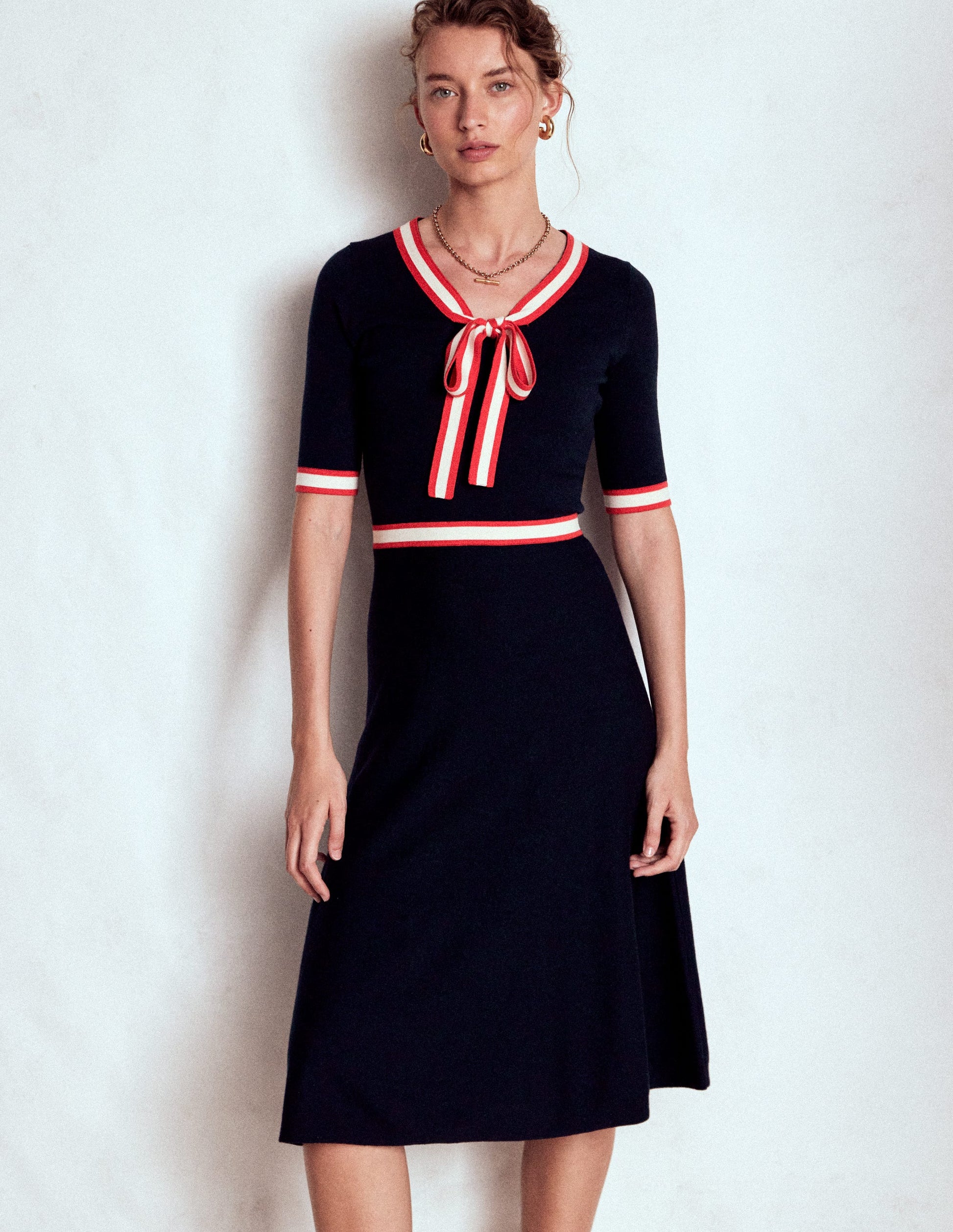 Tipped Bow Dress-Navy-4