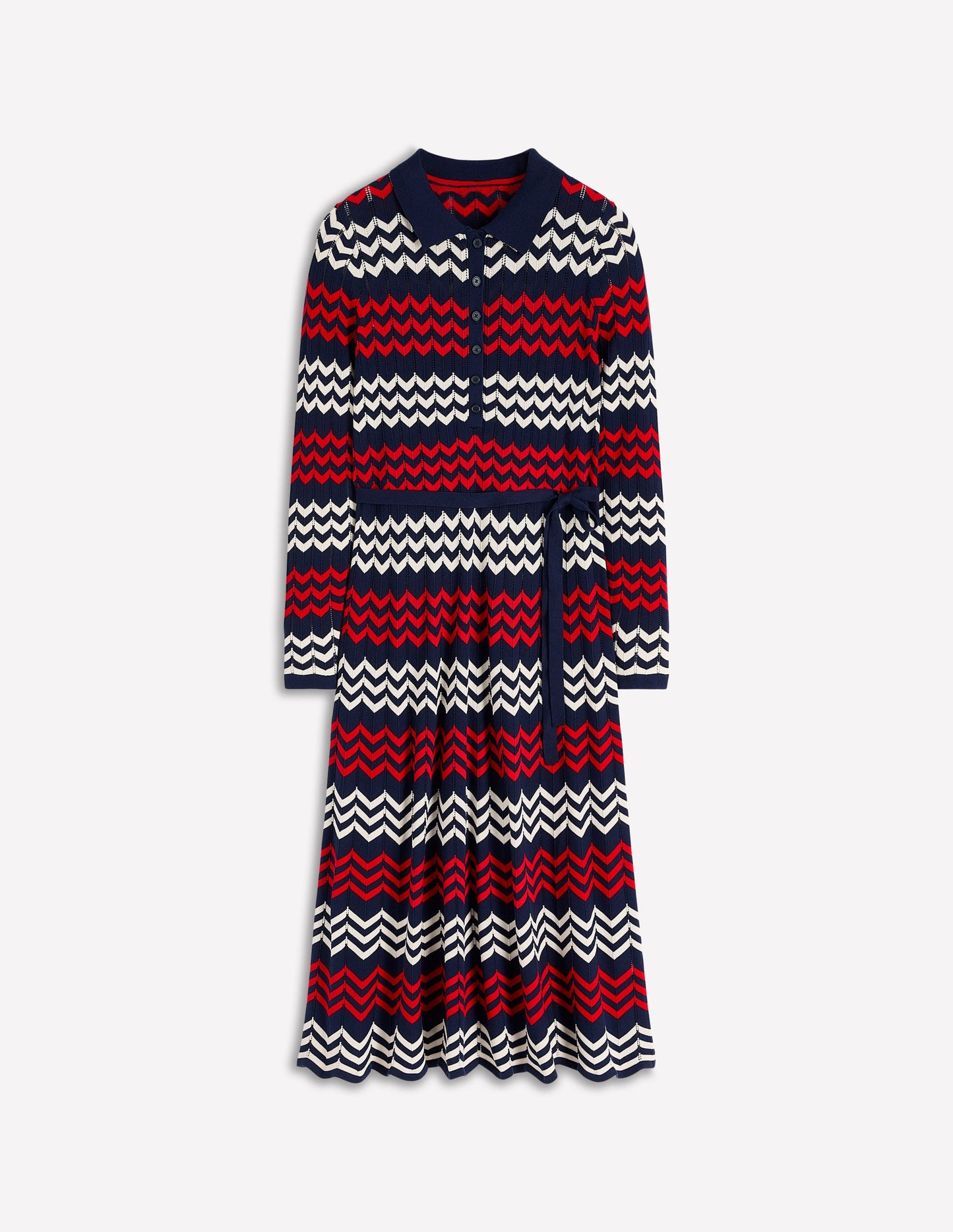 Chevron Stitch Midi Dress-Navy, Red and Ivory Chevron