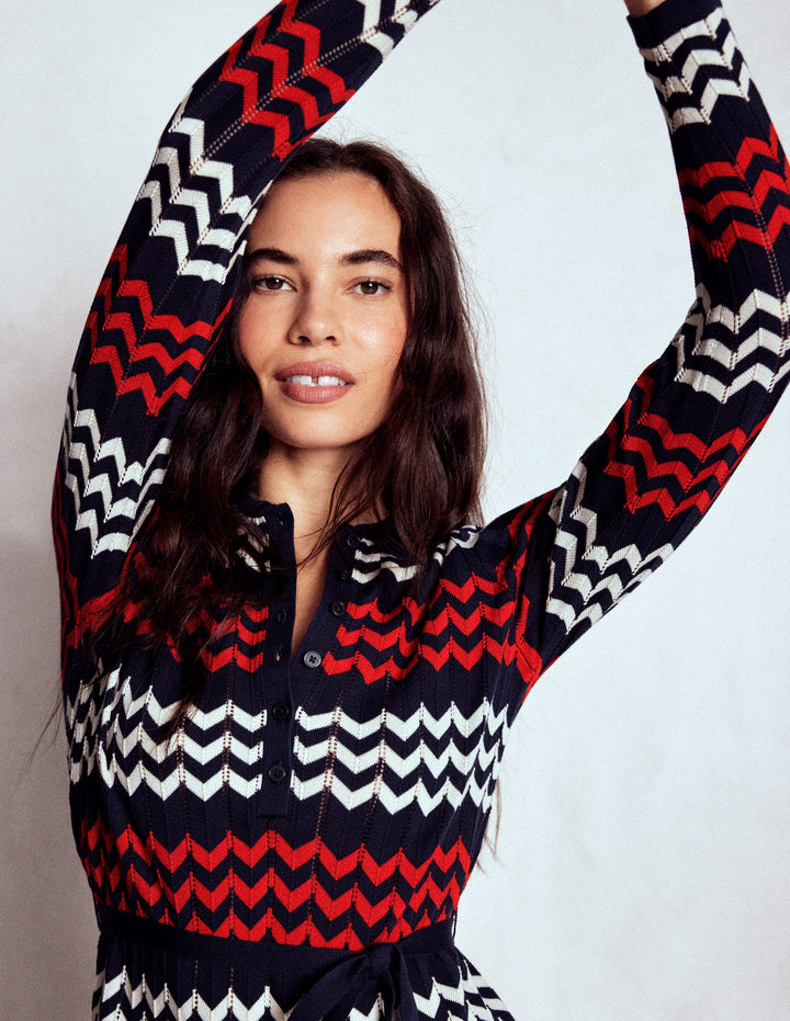 Chevron Stitch Midi Dress-Navy, Red and Ivory Chevron