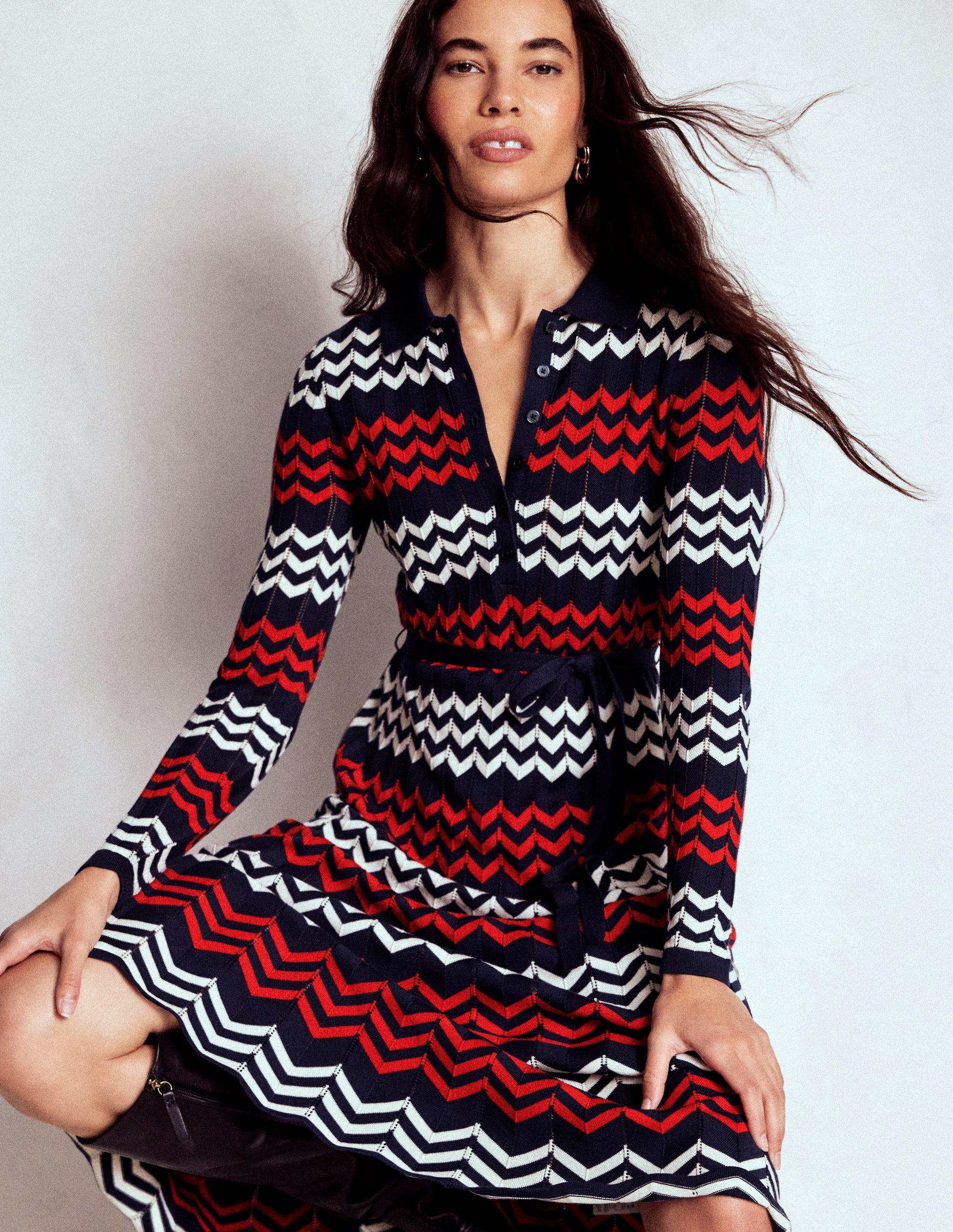 Chevron Stitch Midi Dress-Navy, Red and Ivory Chevron - Image 3