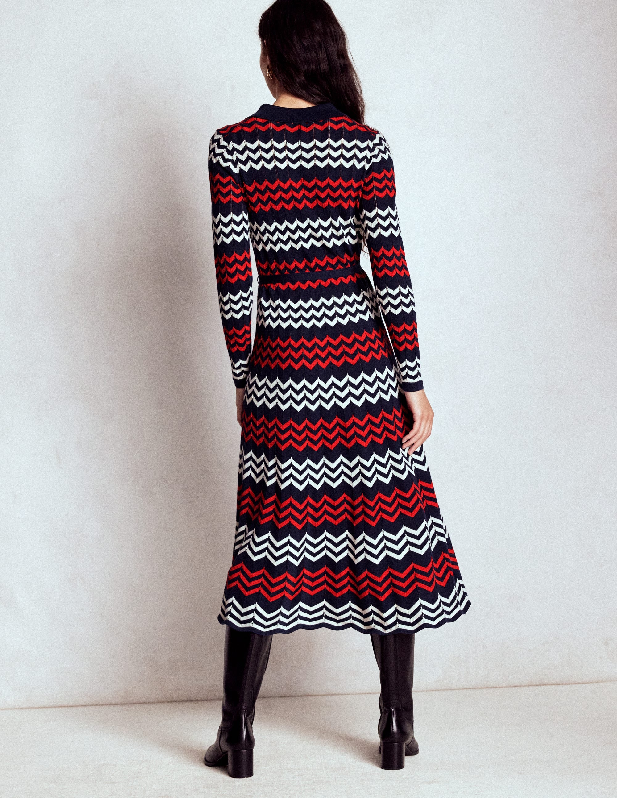 Chevron Stitch Midi Dress-Navy, Red and Ivory Chevron - Image 5