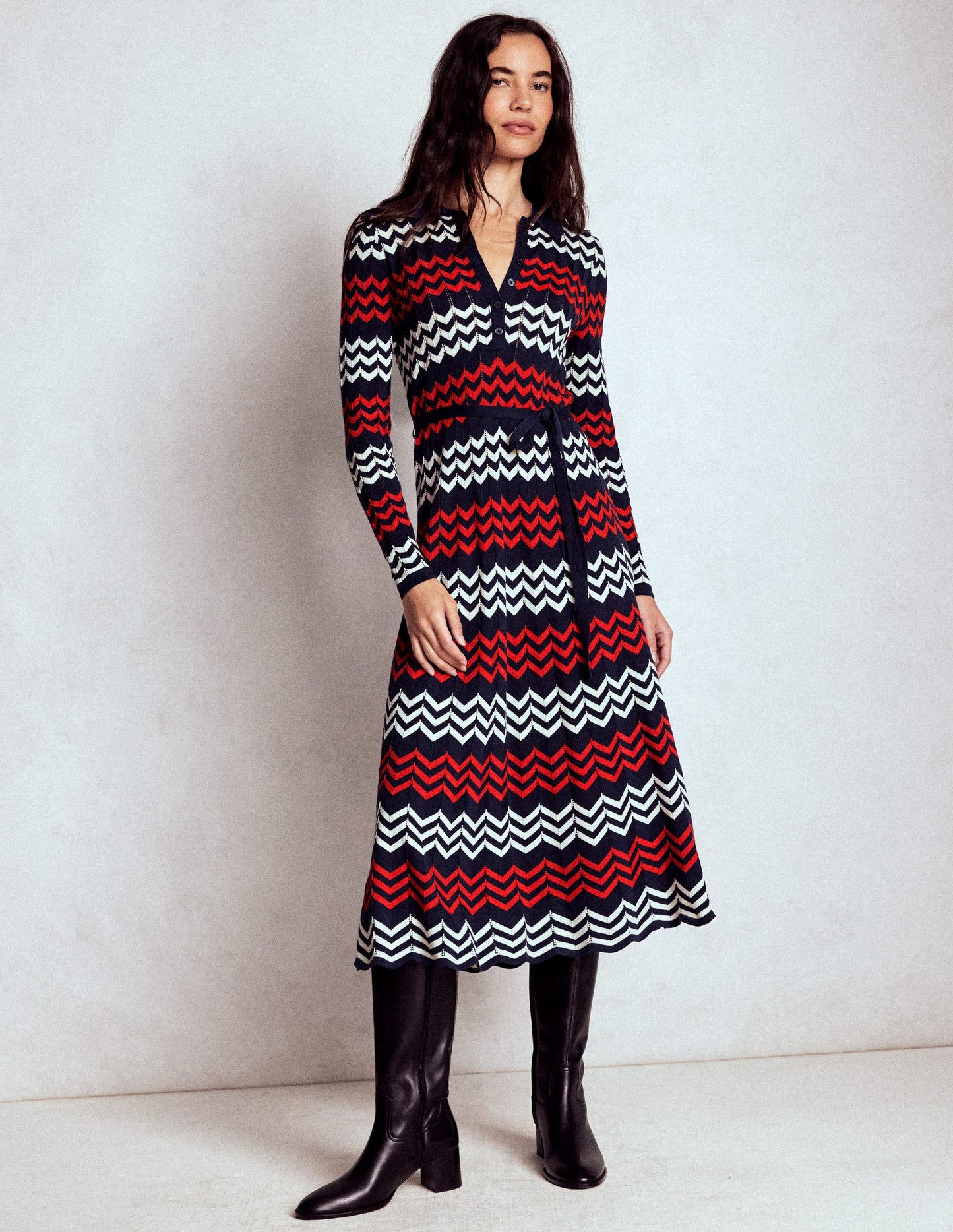 Chevron Stitch Midi Dress-Navy, Red and Ivory Chevron