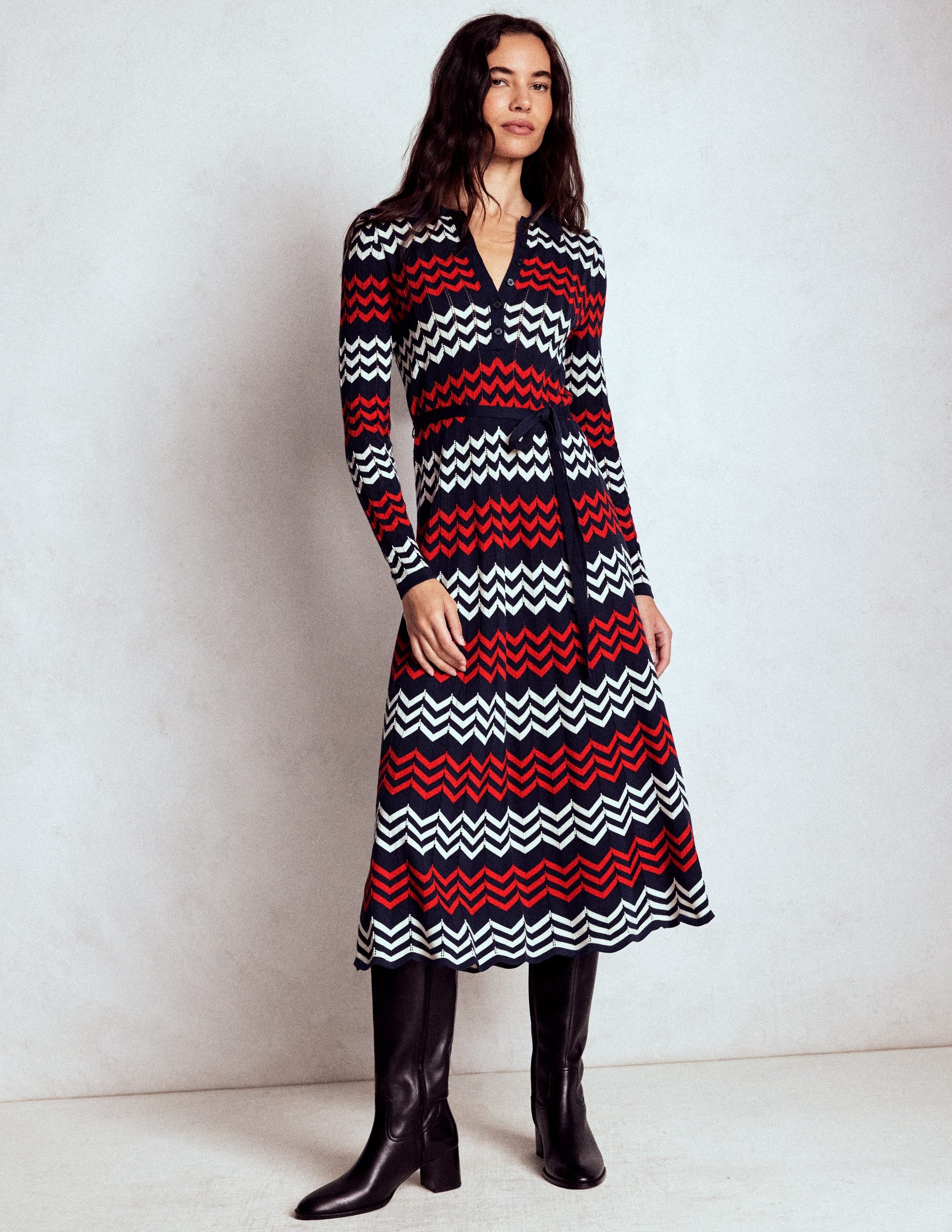 Chevron Stitch Midi Dress-Navy, Red and Ivory Chevron - Image 4