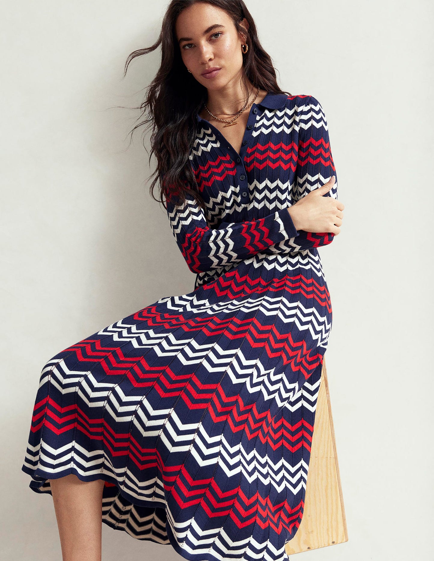 Chevron Stitch Midi Dress-Navy, Red and Ivory Chevron