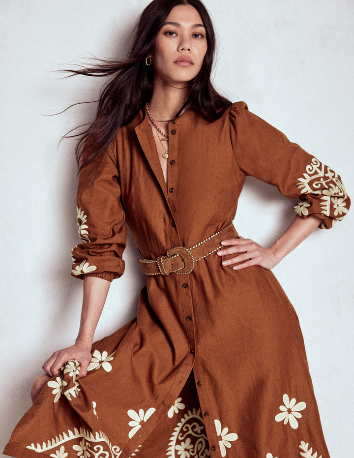 Mae Linen Blend Shirt Dress-Russet
