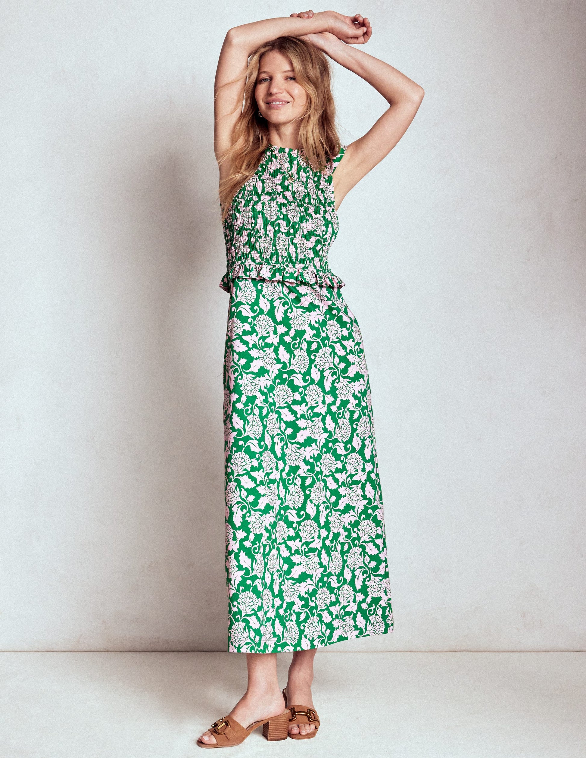 Carolina Smocked Midi Dress-Rich Emerald, Ornate Vine | Boden UK Carolina Smocked Midi Dress-Rich Emerald, Ornate Vine | Boden UK