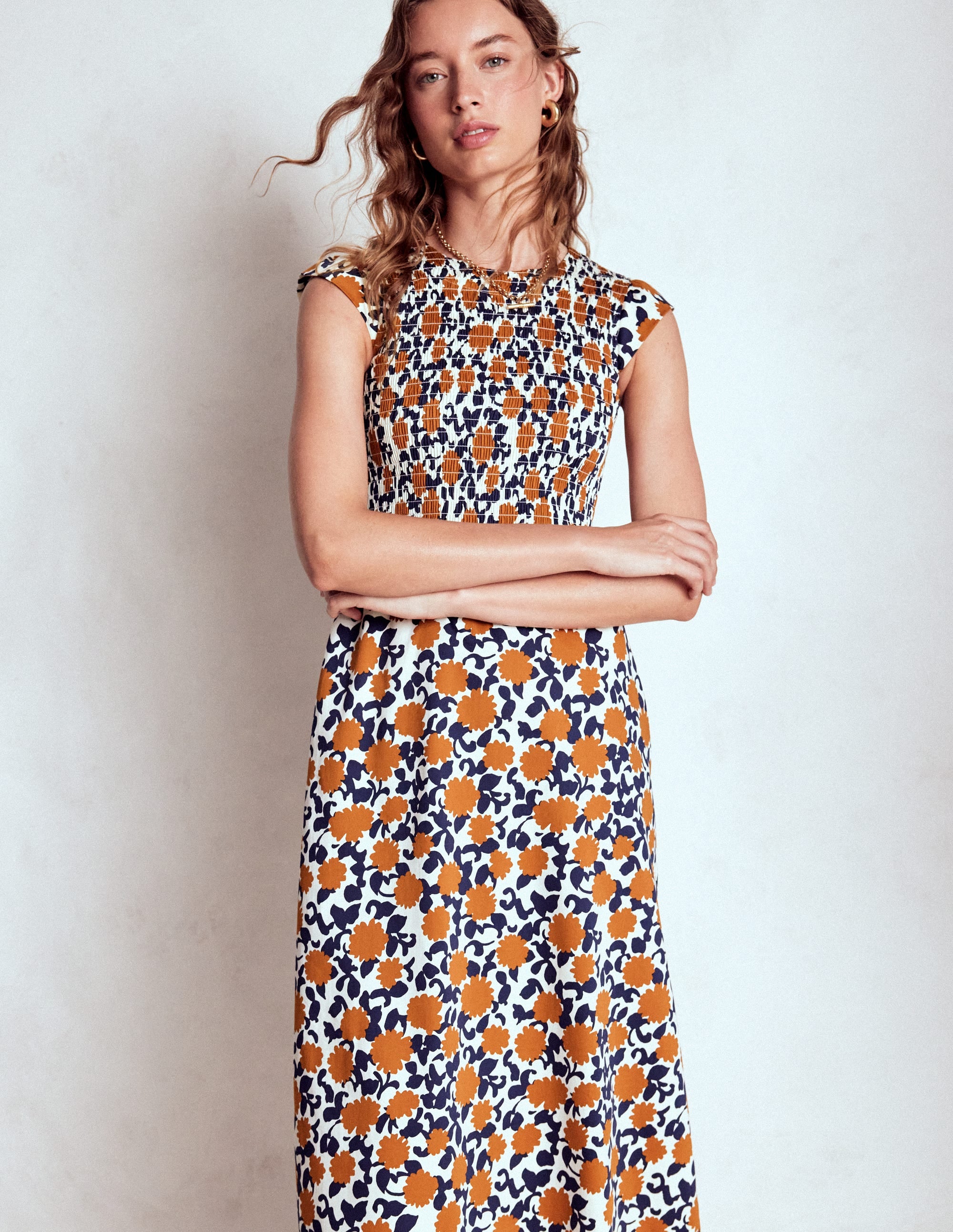 Carolina Smocked Midi Dress-Cognanc, Floweret Vine - Image 1