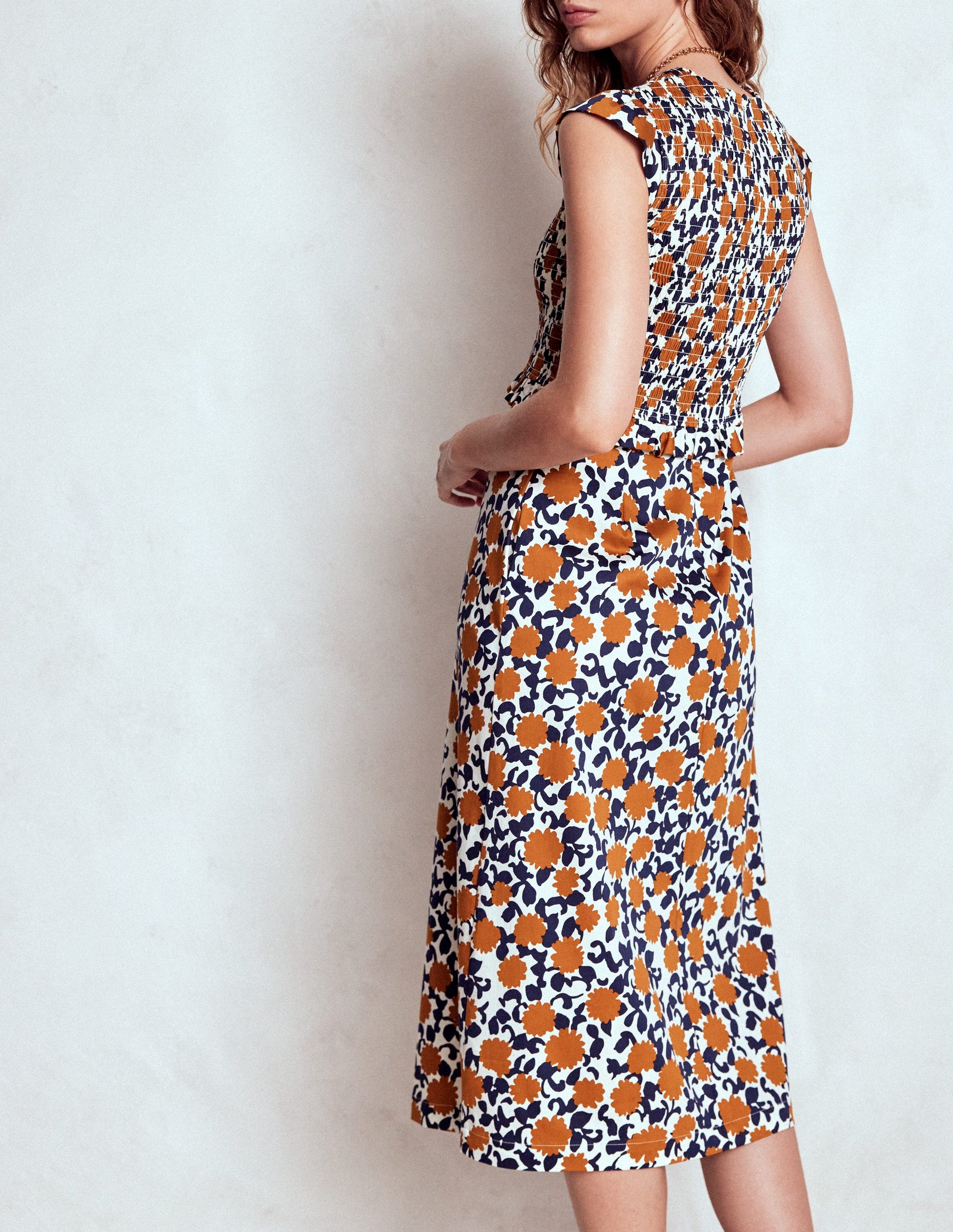 Carolina Smocked Midi Dress-Cognanc, Floweret Vine-3