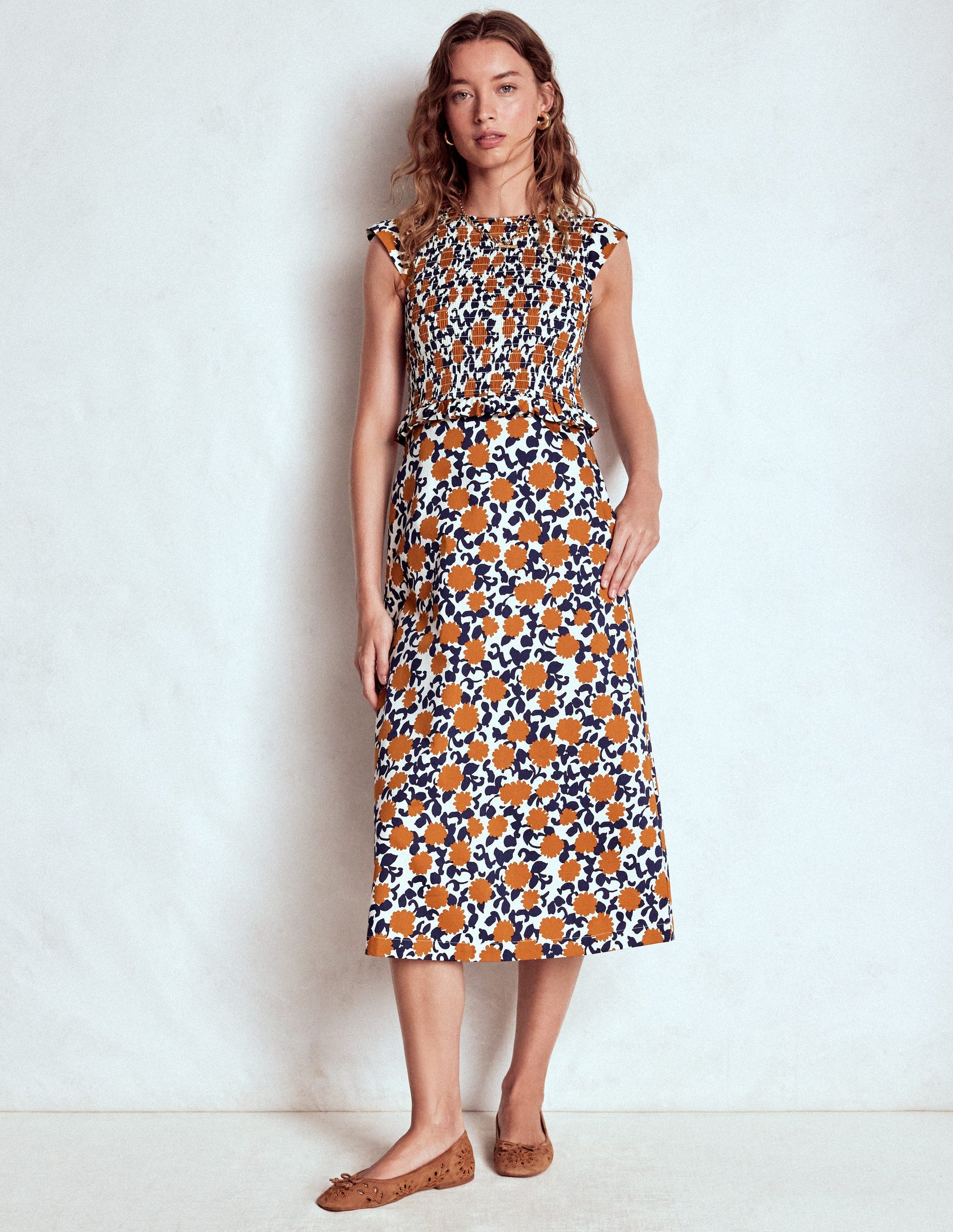 Carolina Smocked Midi Dress-Cognanc, Floweret Vine-4