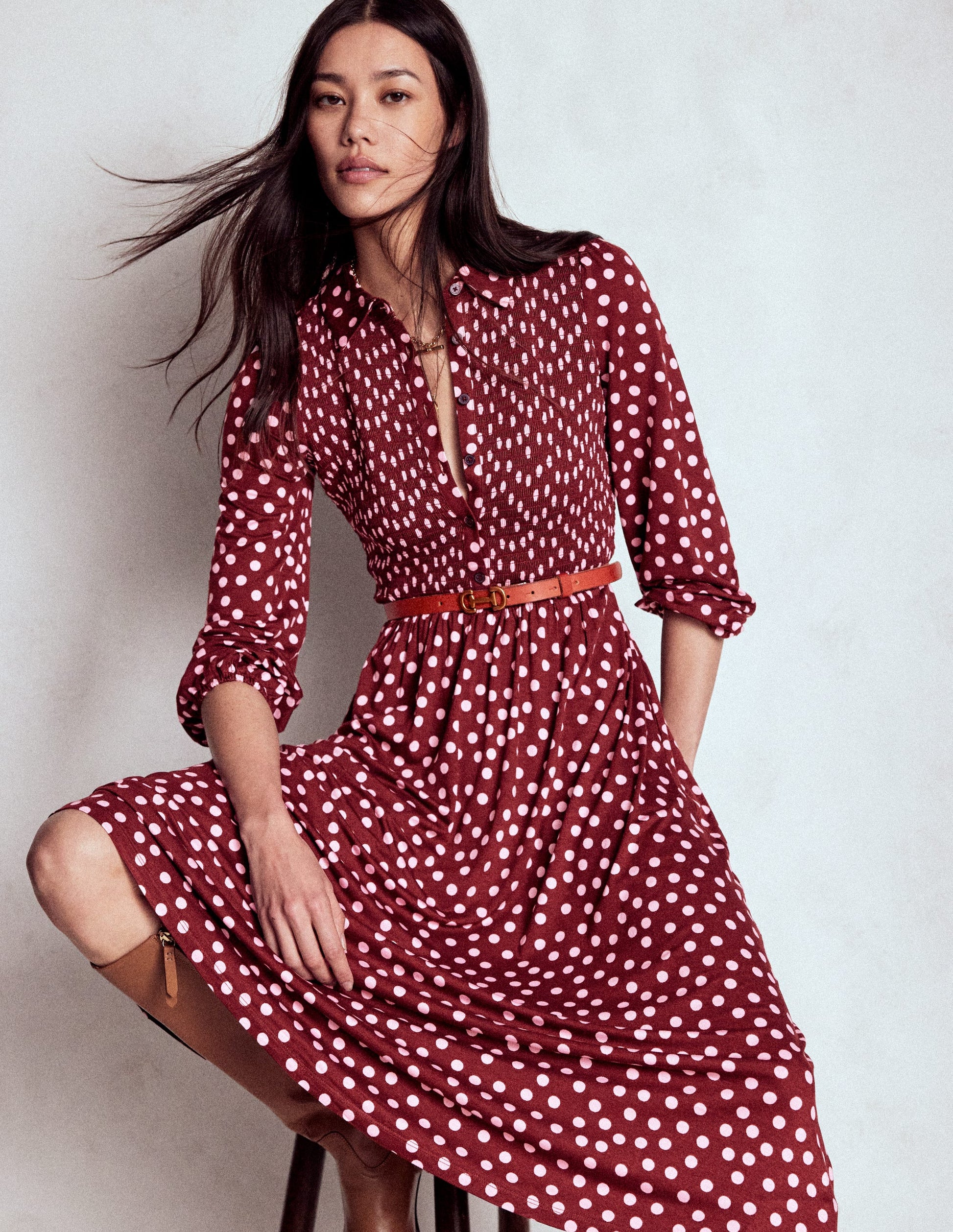 Smocked Jersey Shirt Dress-Chestnut, Painted Dot-1