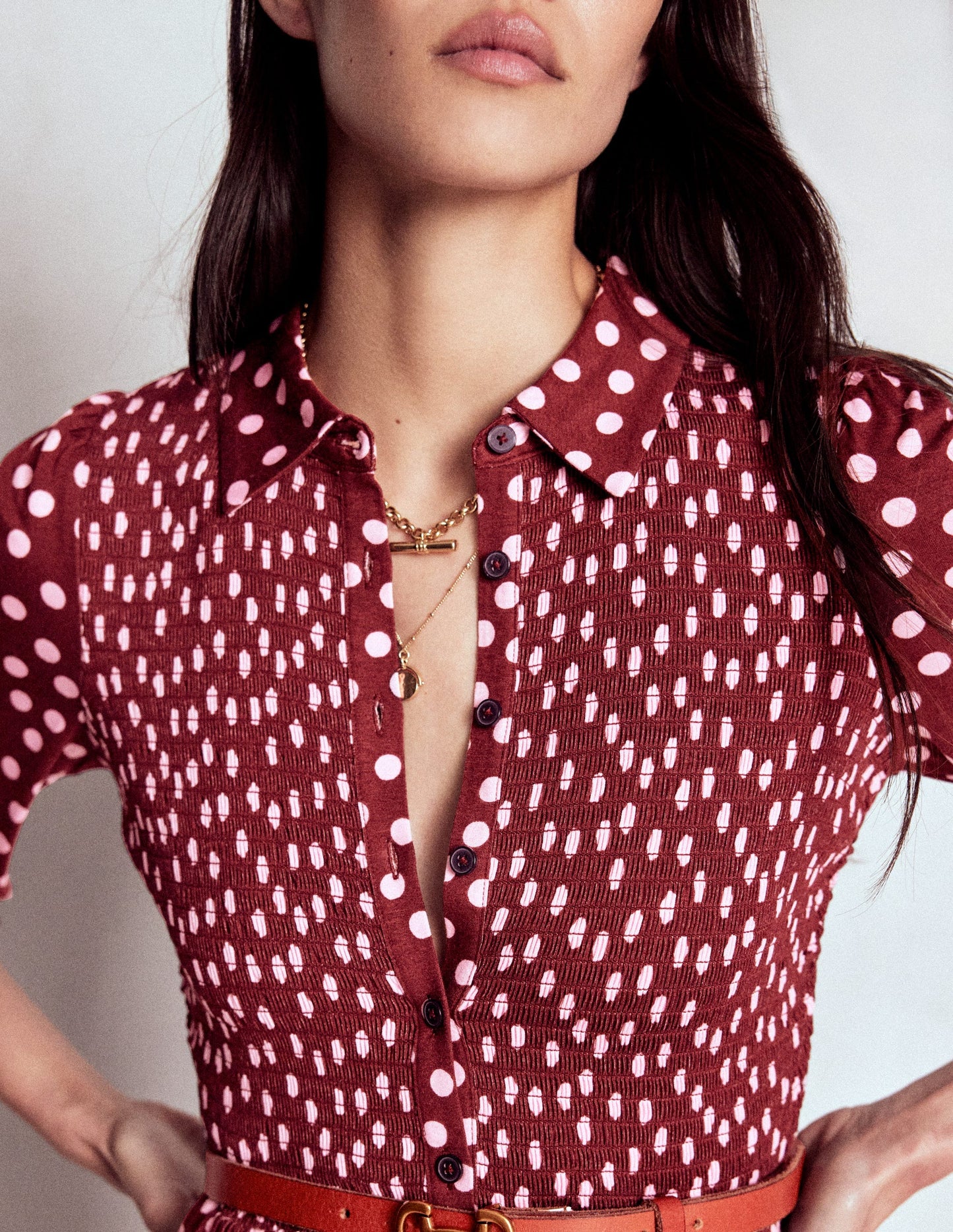 Smocked Jersey Shirt Dress-Chestnut, Painted Dot