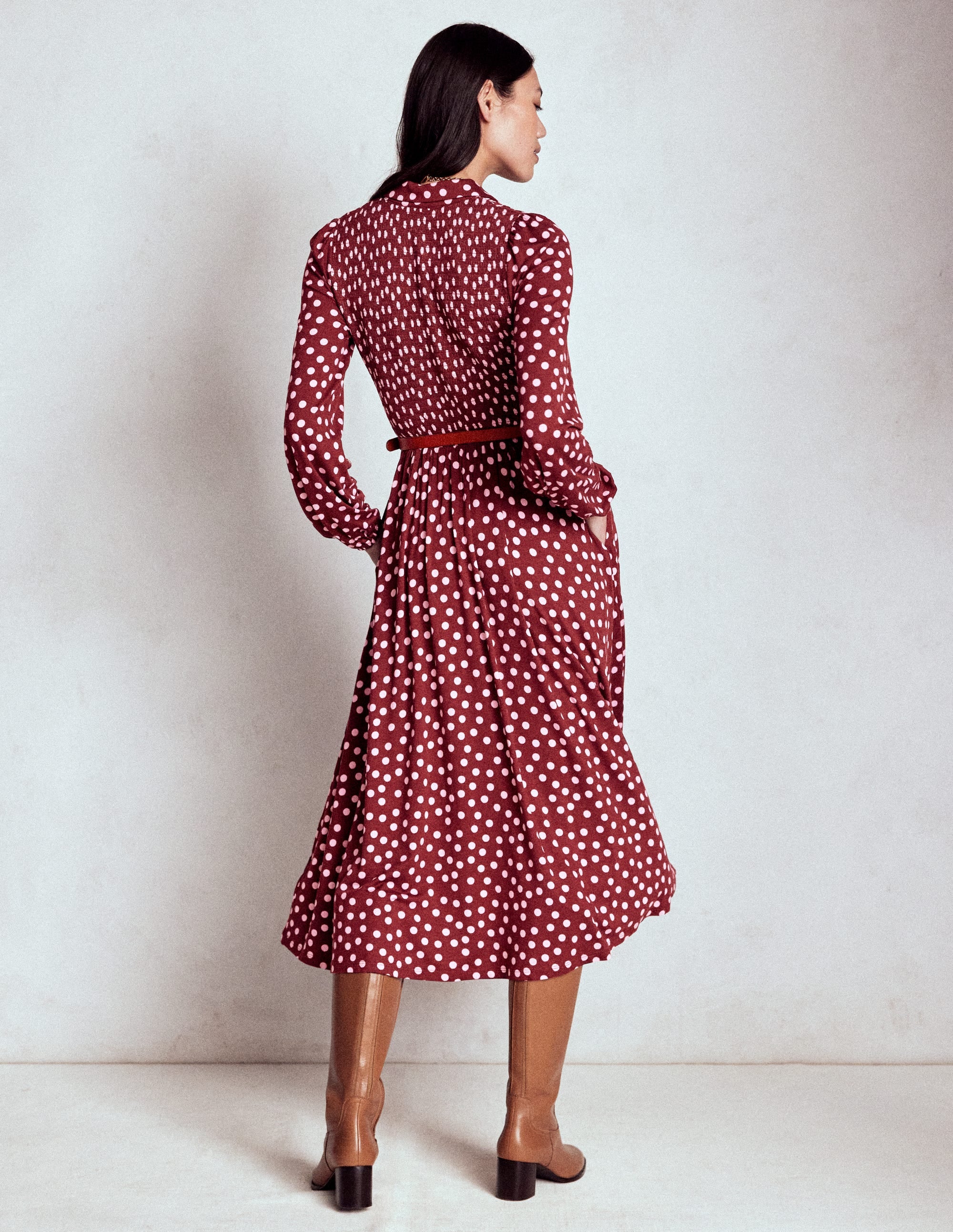 Smocked Jersey Dress-Chestnut, Painted Dot - Image 3