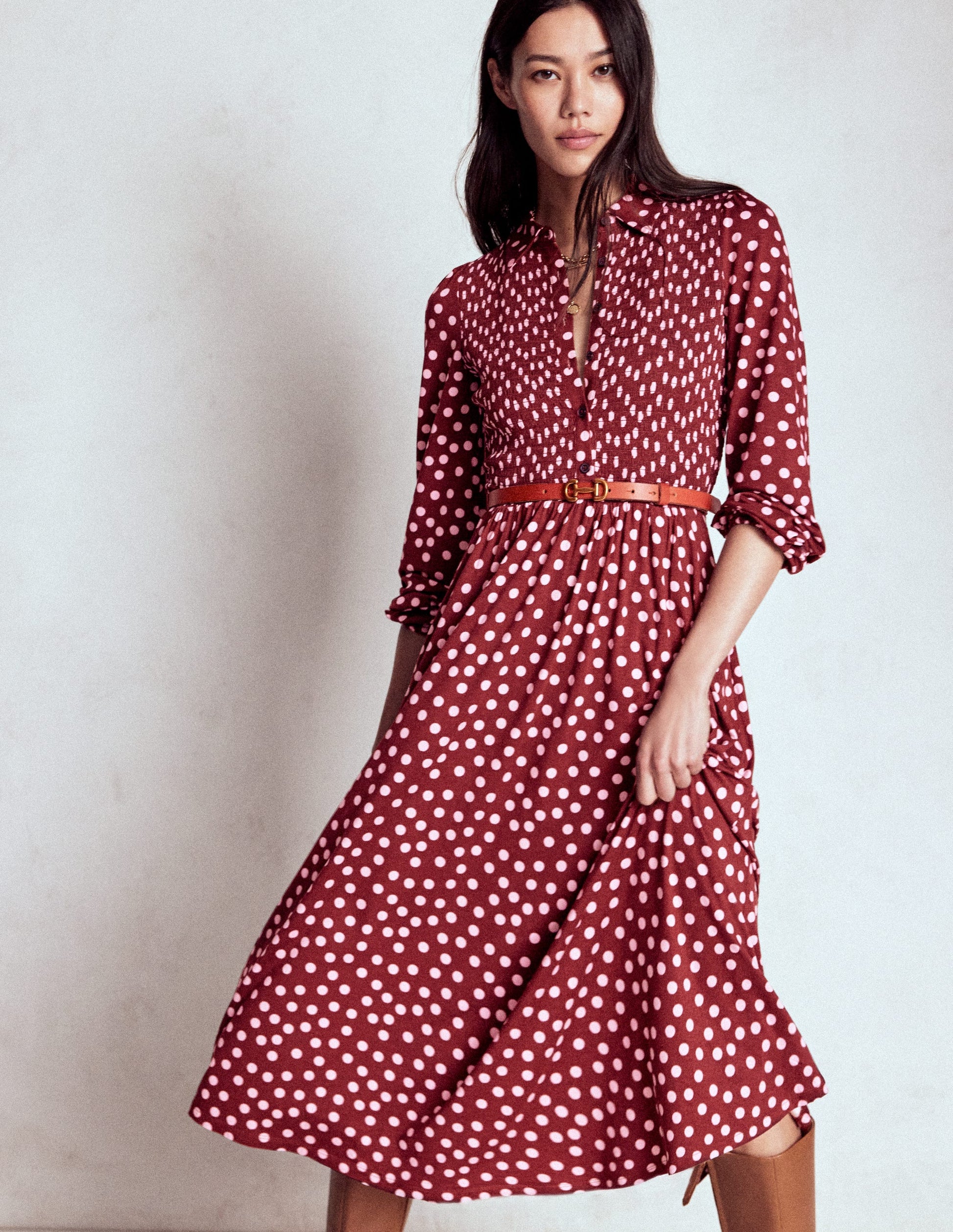Smocked Jersey Shirt Dress-Chestnut, Painted Dot-4