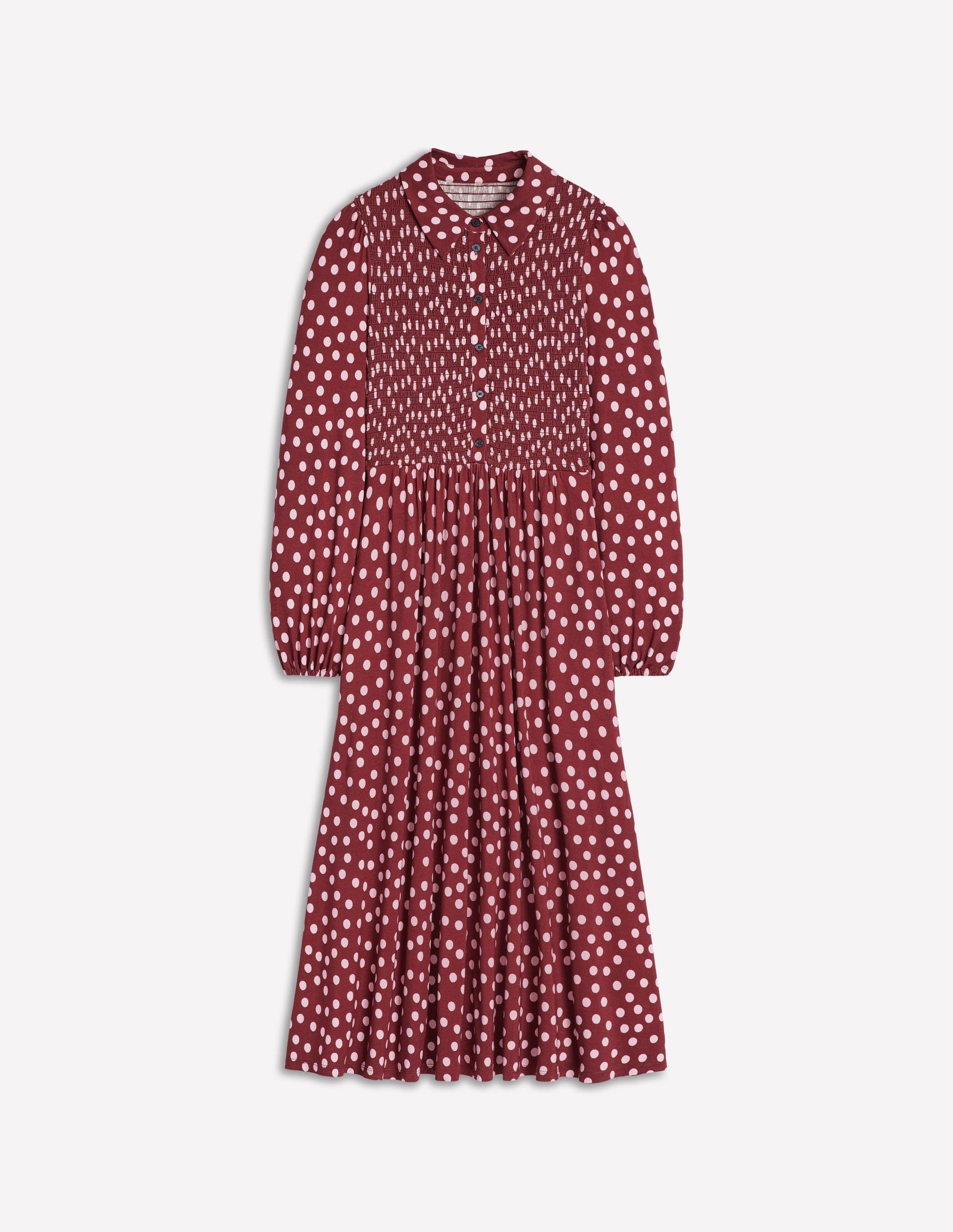 Smocked Jersey Shirt Dress-Chestnut, Painted Dot-5