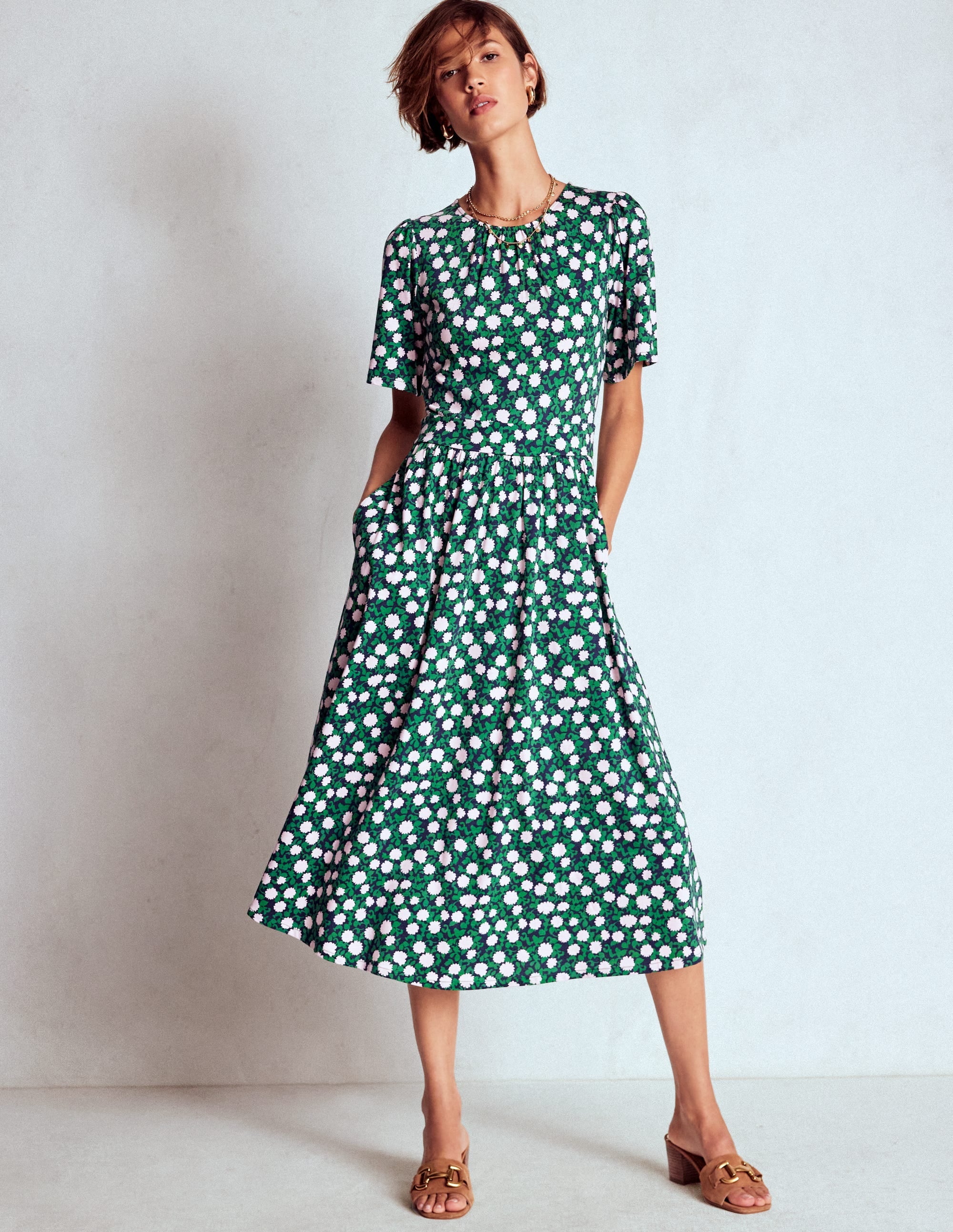 Louisa Jersey Midi Dress-Rich Emerald, Floweret Vine - Image 1