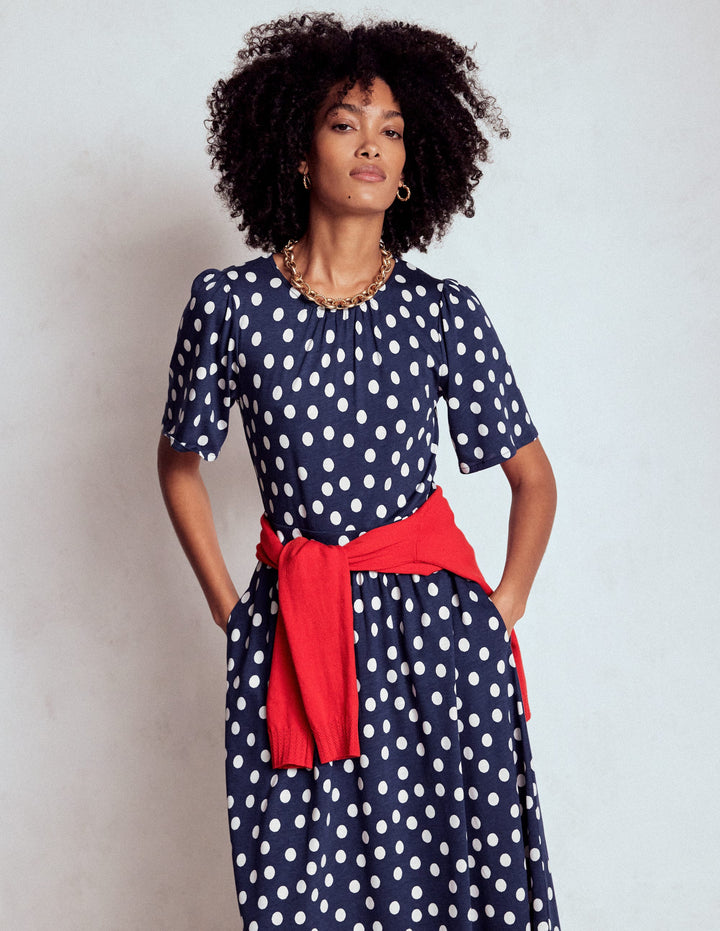 Louisa Jersey Midi Dress-French Navy, Painted Dot