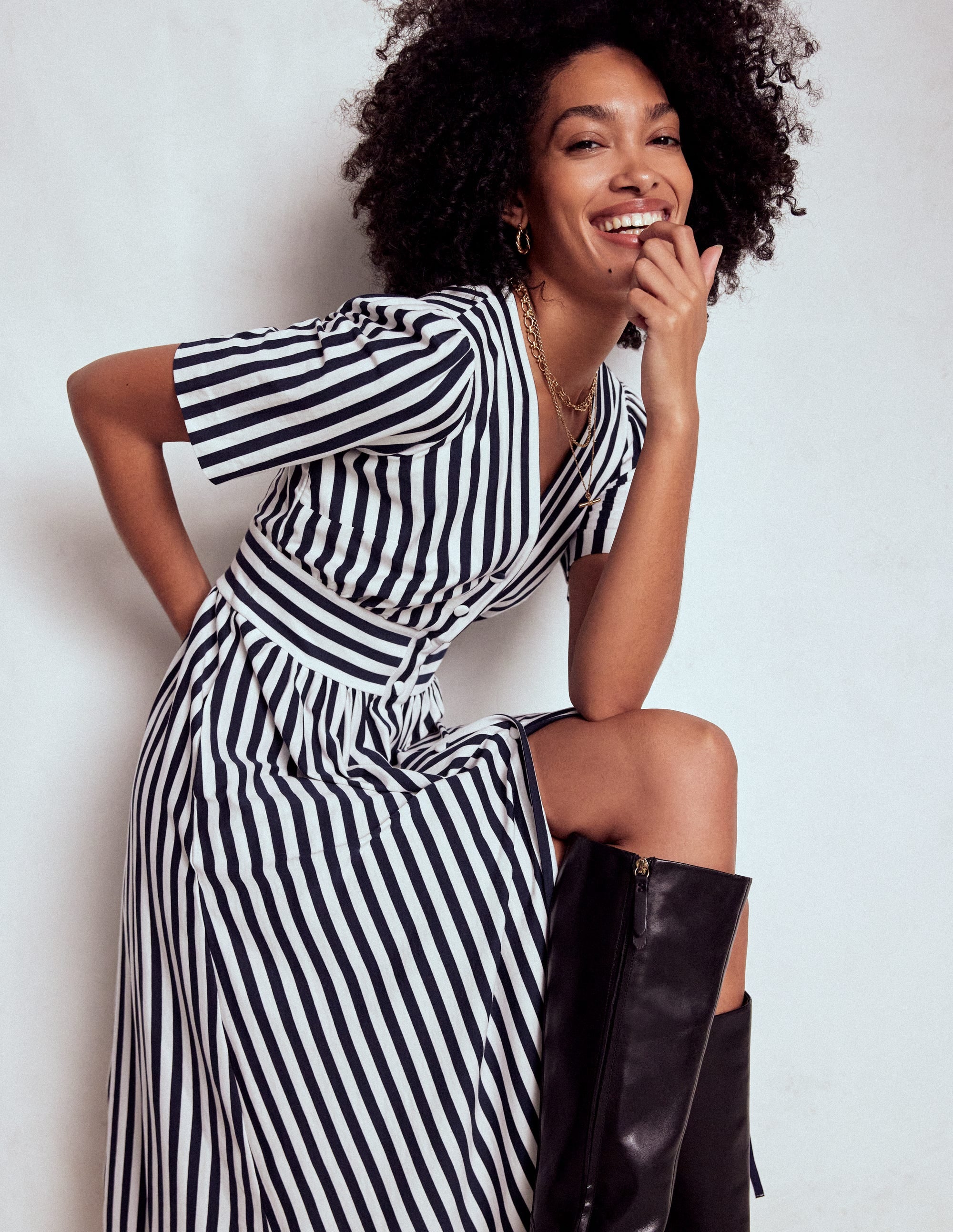 Natalia Jersey Tea Dress-French Navy, Ivory Stripe - Image 1