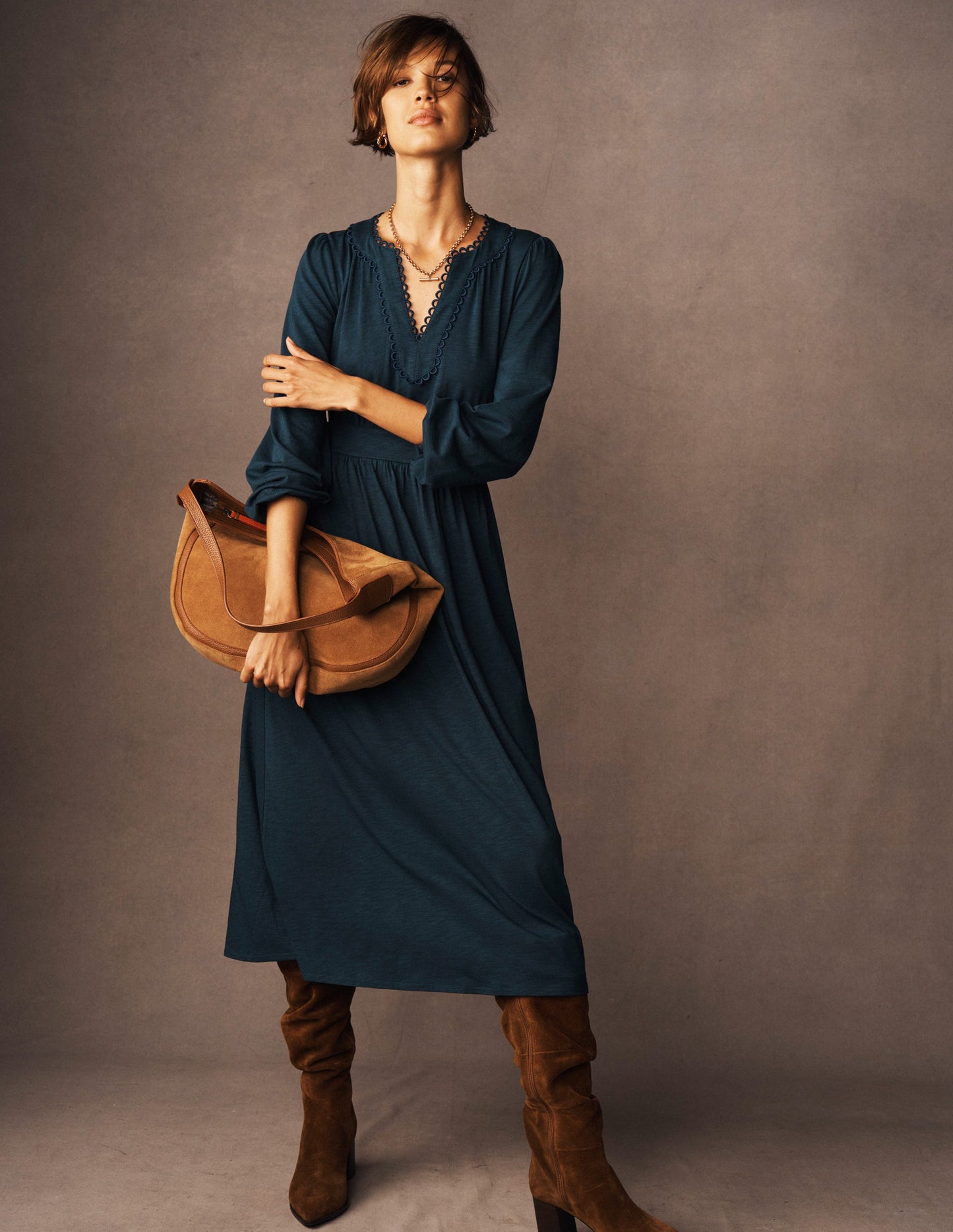 Maddie Picot Trim Midi Dress-Midnight Teal