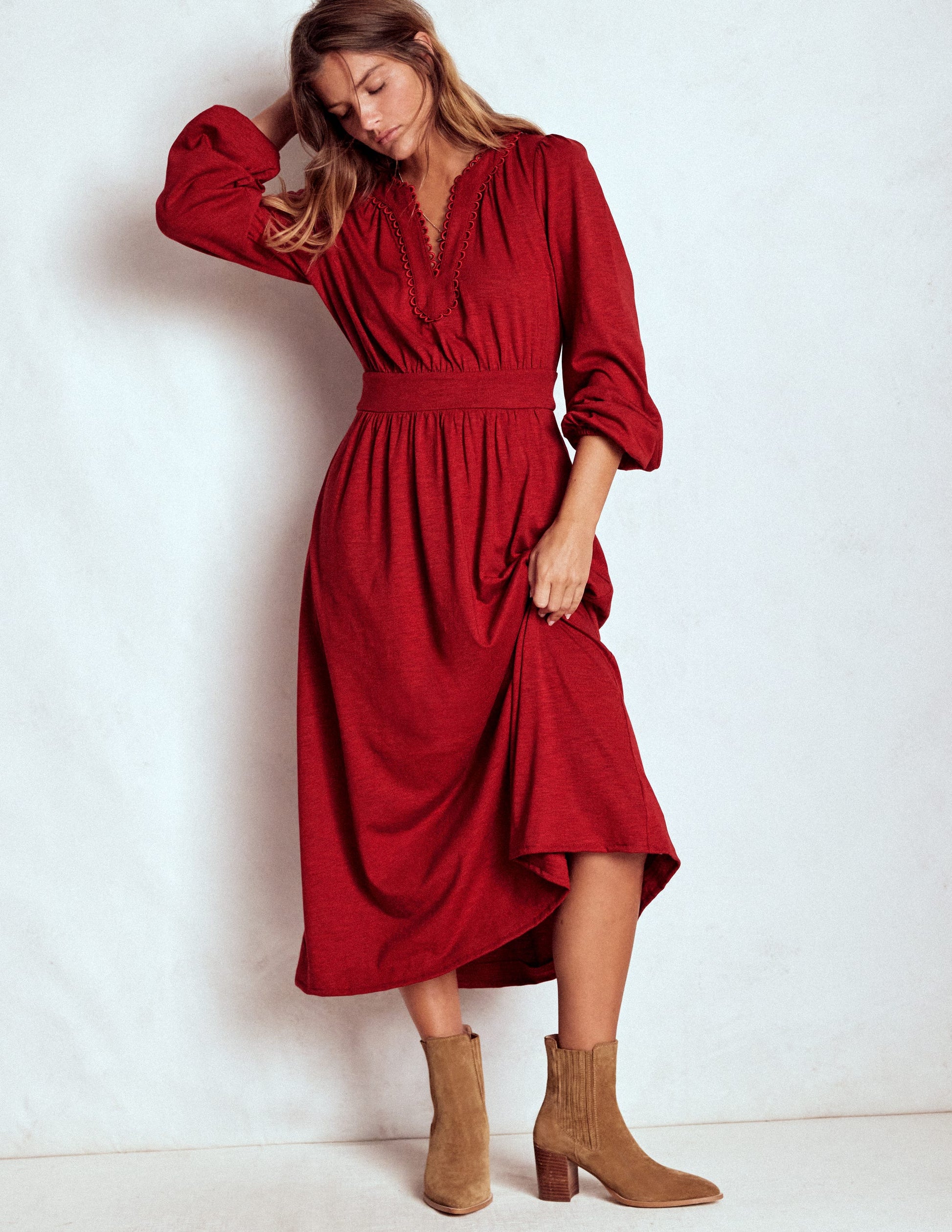 Maddie Picot Trim Midi Dress-Carmine Red-5
