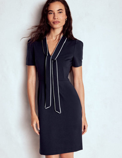 Pussy Bow Short Dress-Navy-1