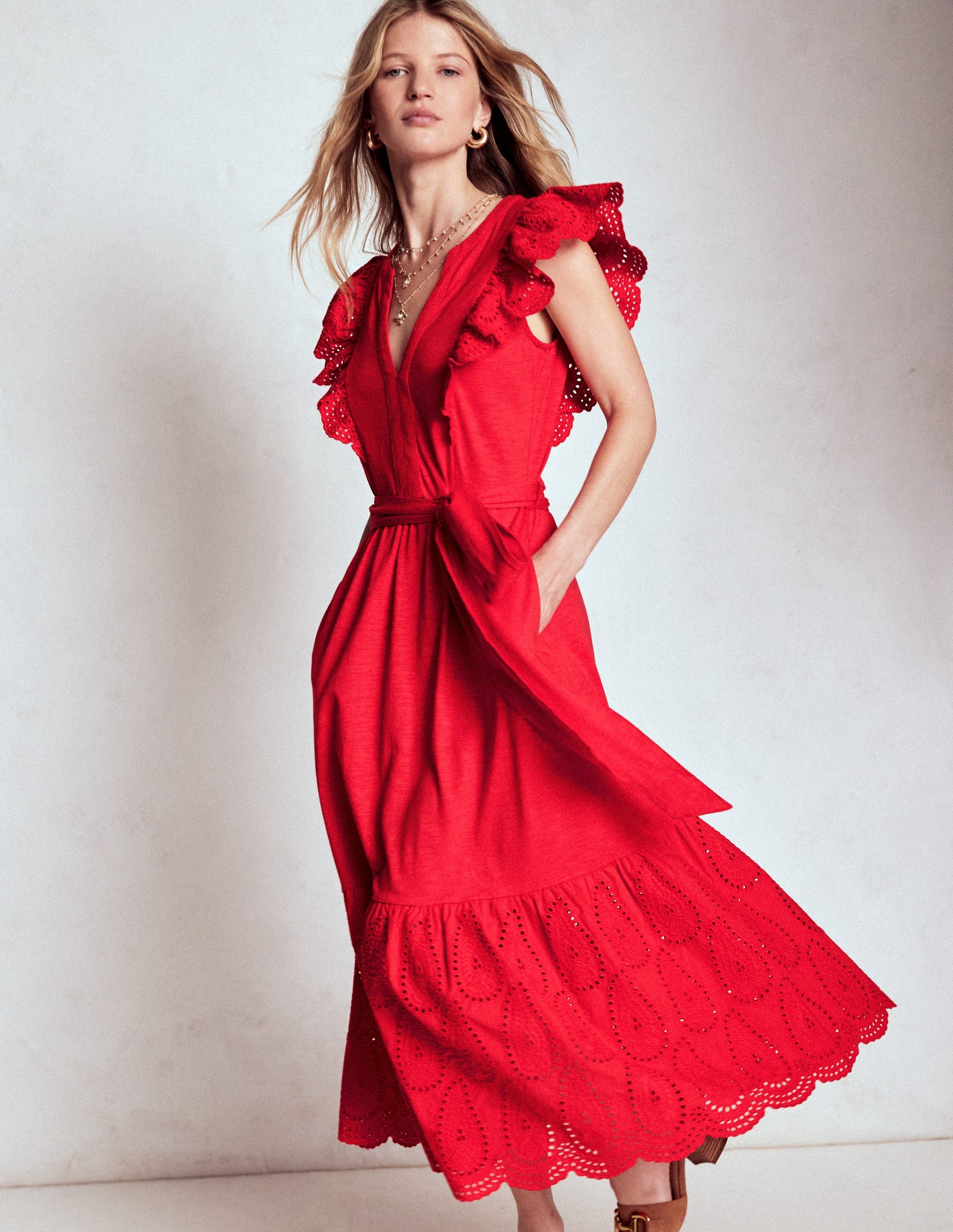 Ruffle Detail Tier Midi Dress-Poppy Red-1