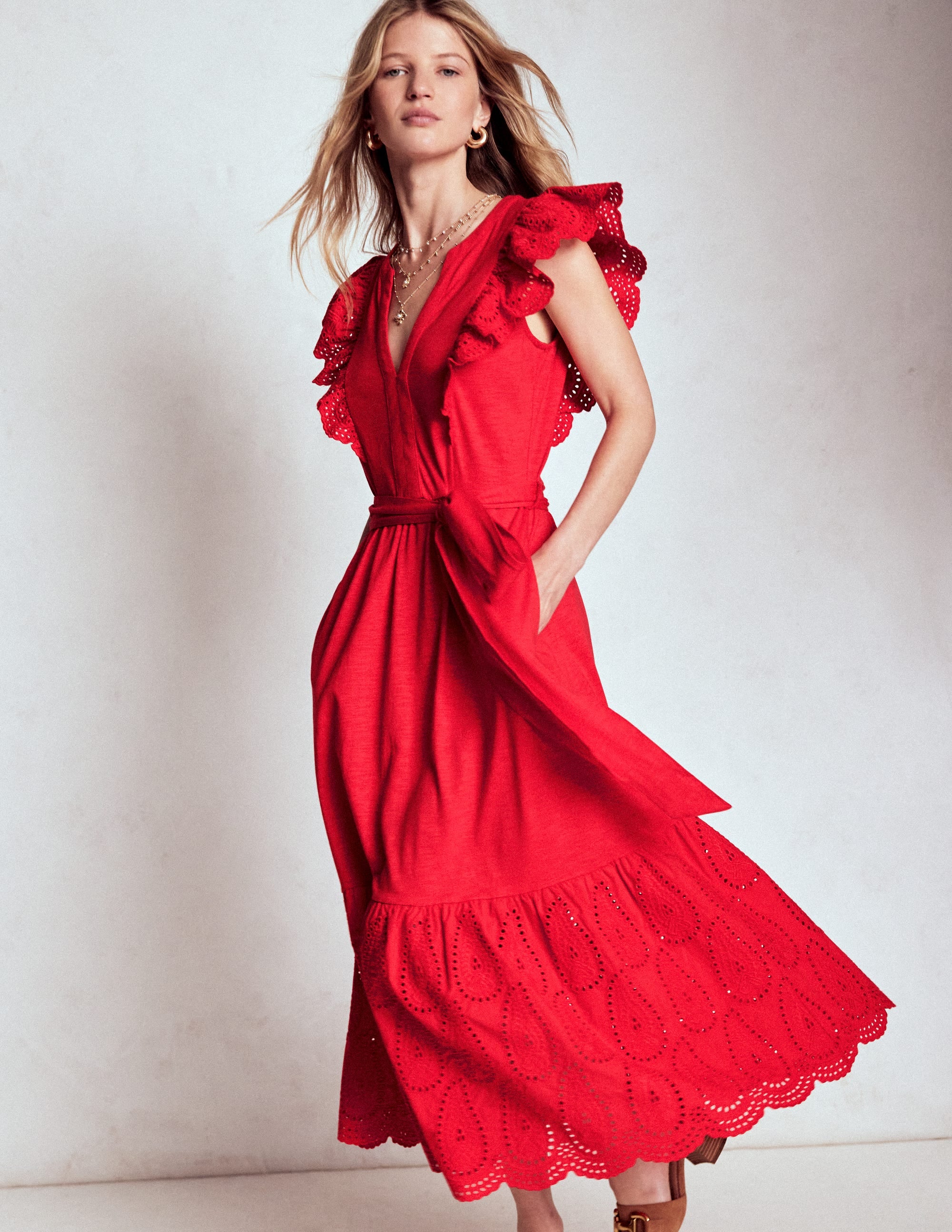 Ruffle Detail Tier Midi Dress-Poppy Red - Image 1