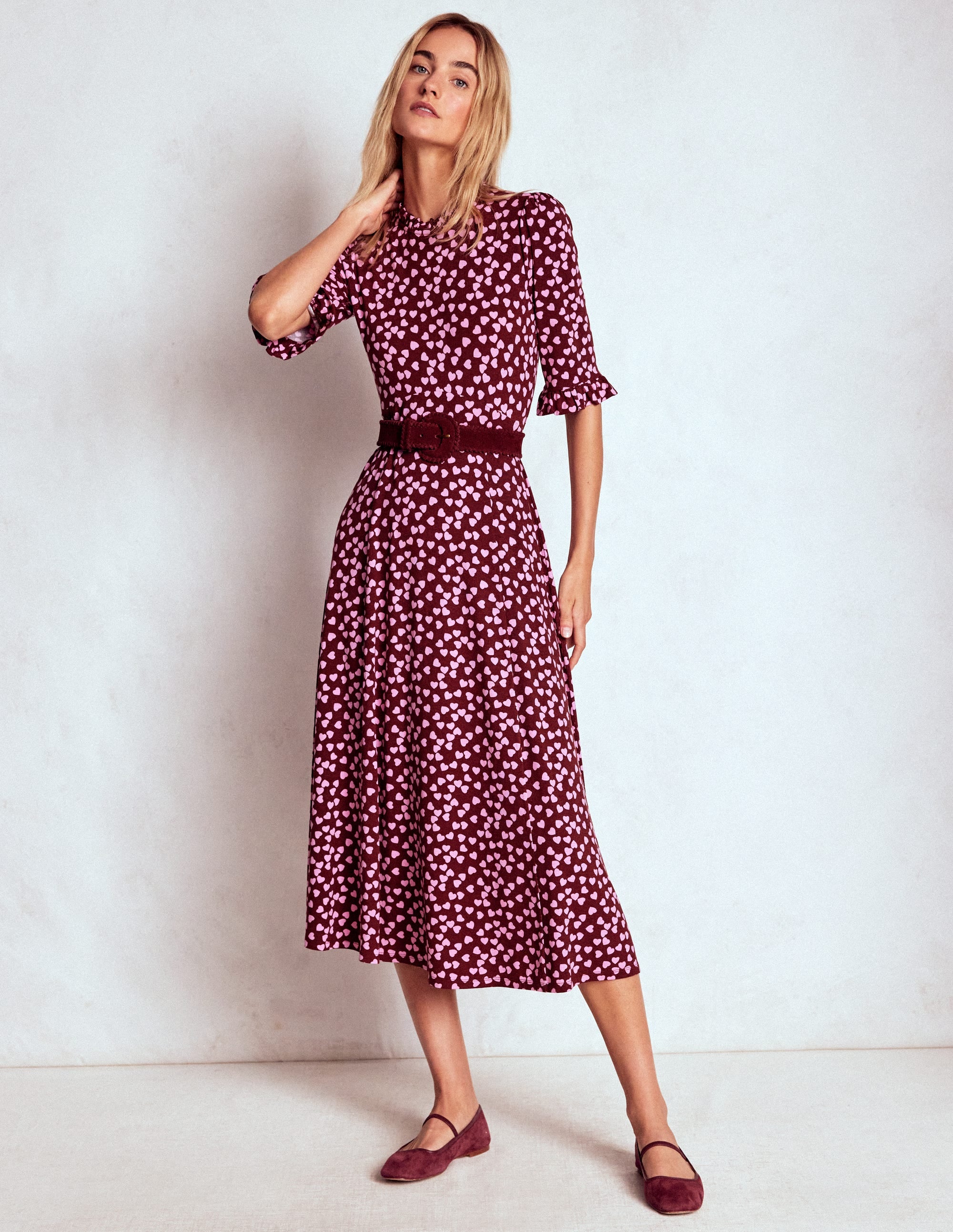 Ruffle Seamed Midi Dress-Chestnut, Heart Cascade - Image 1