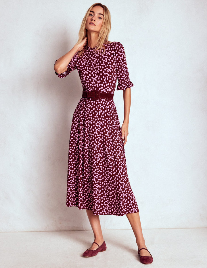 Ruffle Seamed Midi Dress-Chestnut, Heart Cascade