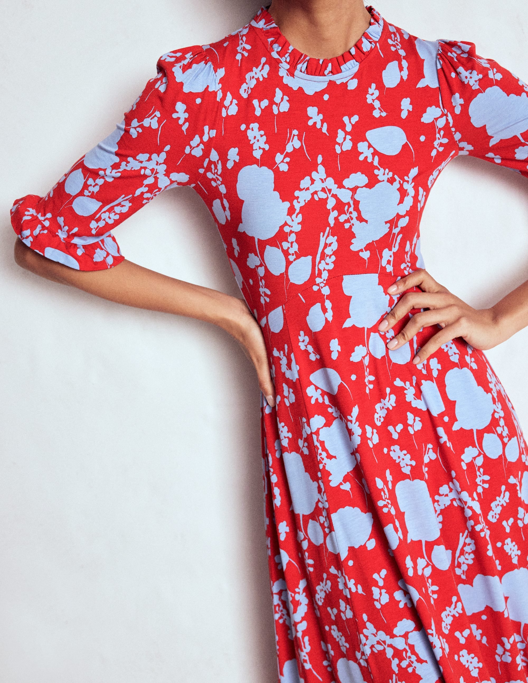 Ruffle Seamed Midi Dress-Poppy Red, Dainty Sprigs - Image 2
