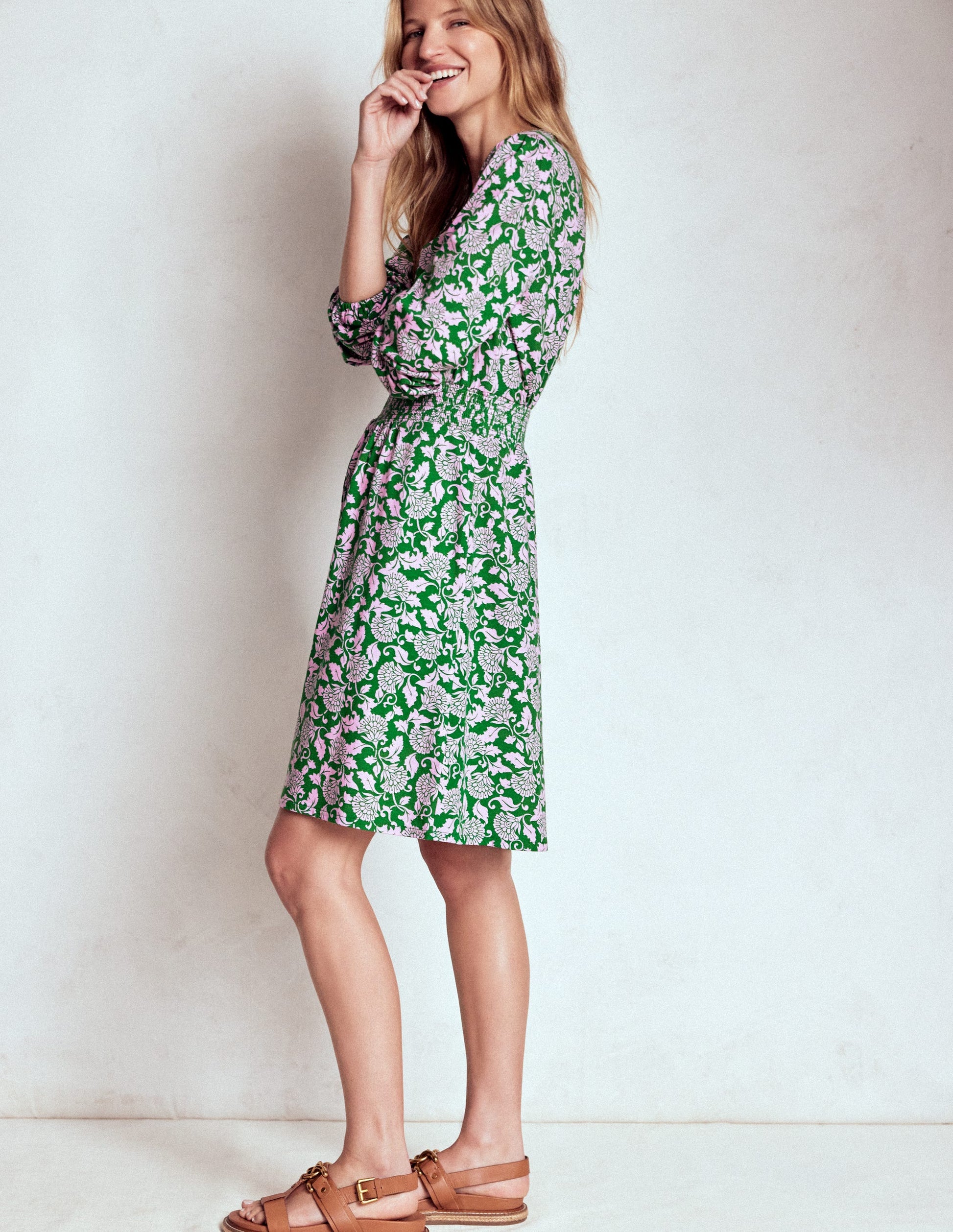 Sarah Short Jersey Dress-Rich Emerald, Ornate Vine | Boden UK Sarah Short Jersey Dress-Rich Emerald, Ornate Vine | Boden UK